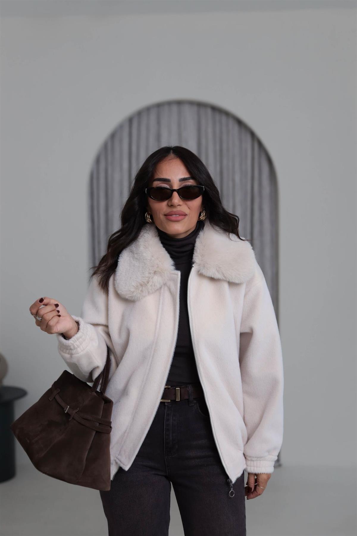 0099 Yaka Kürklü Alpaka Kaban EKRU