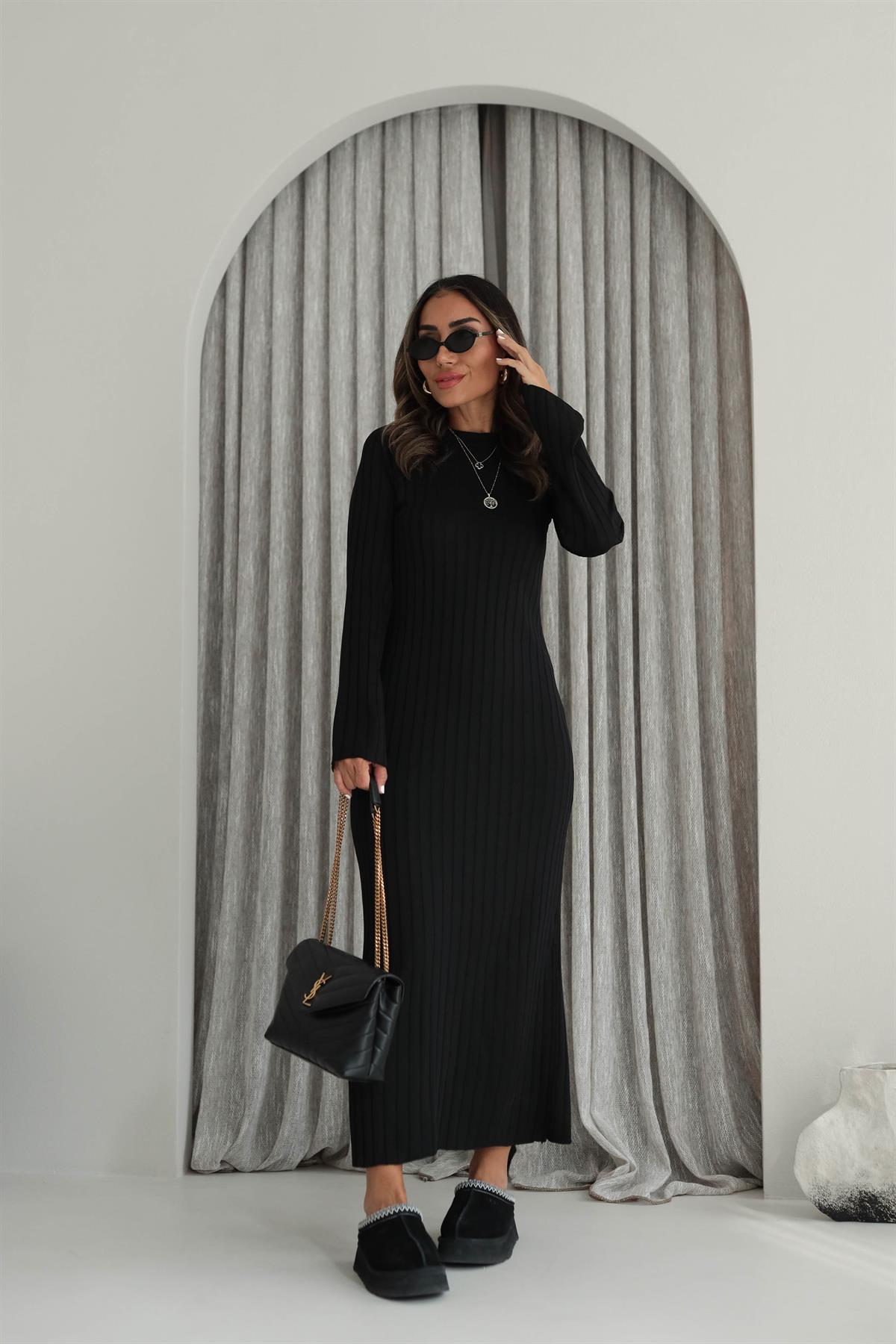 Bisiklet Yaka Fitilli Triko Elbise