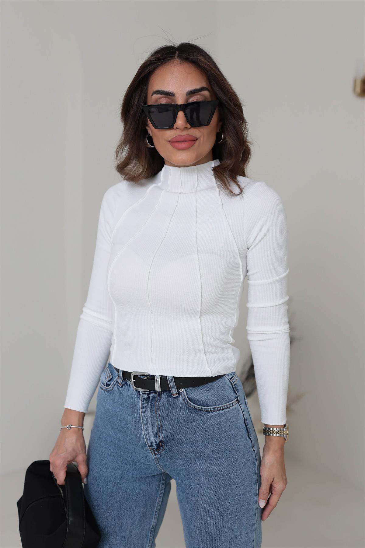 3875 Önü Dikişli Pamuklu Bluz EKRU