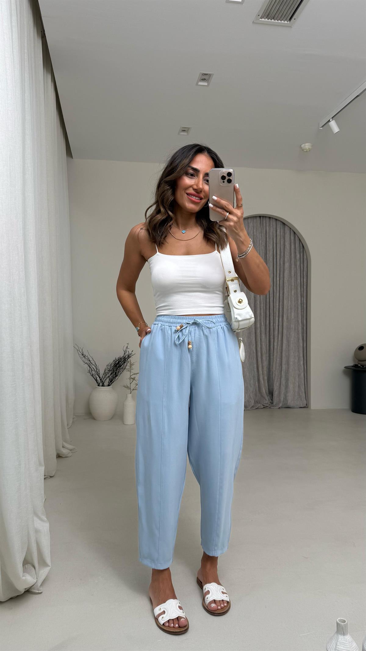 6703 Bel Lastikli Tencel Dokulu Boncuklu Pantolon MAVİ