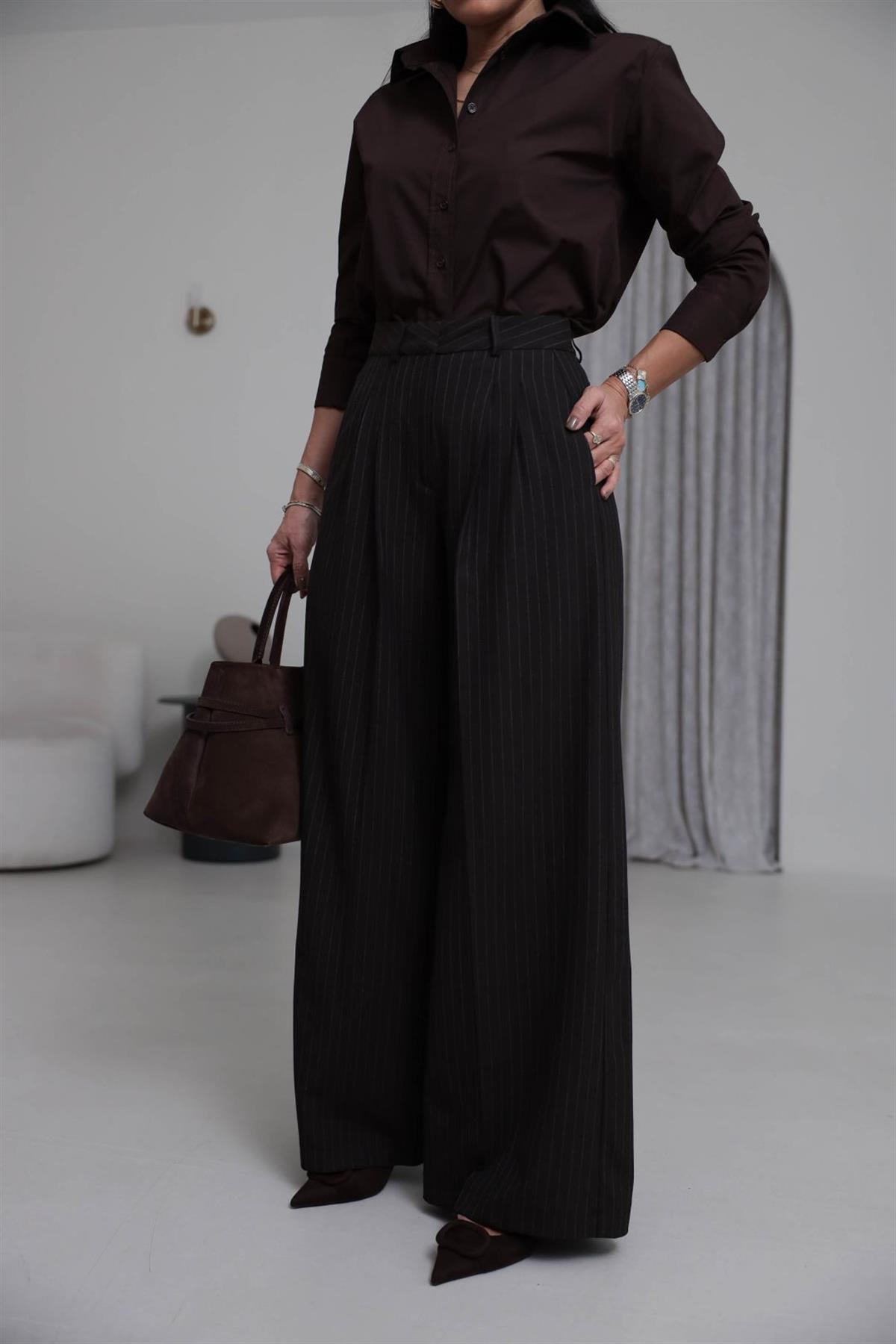 7363 Çizgili Geniş Paça Kumaş Pantolon KAHVE