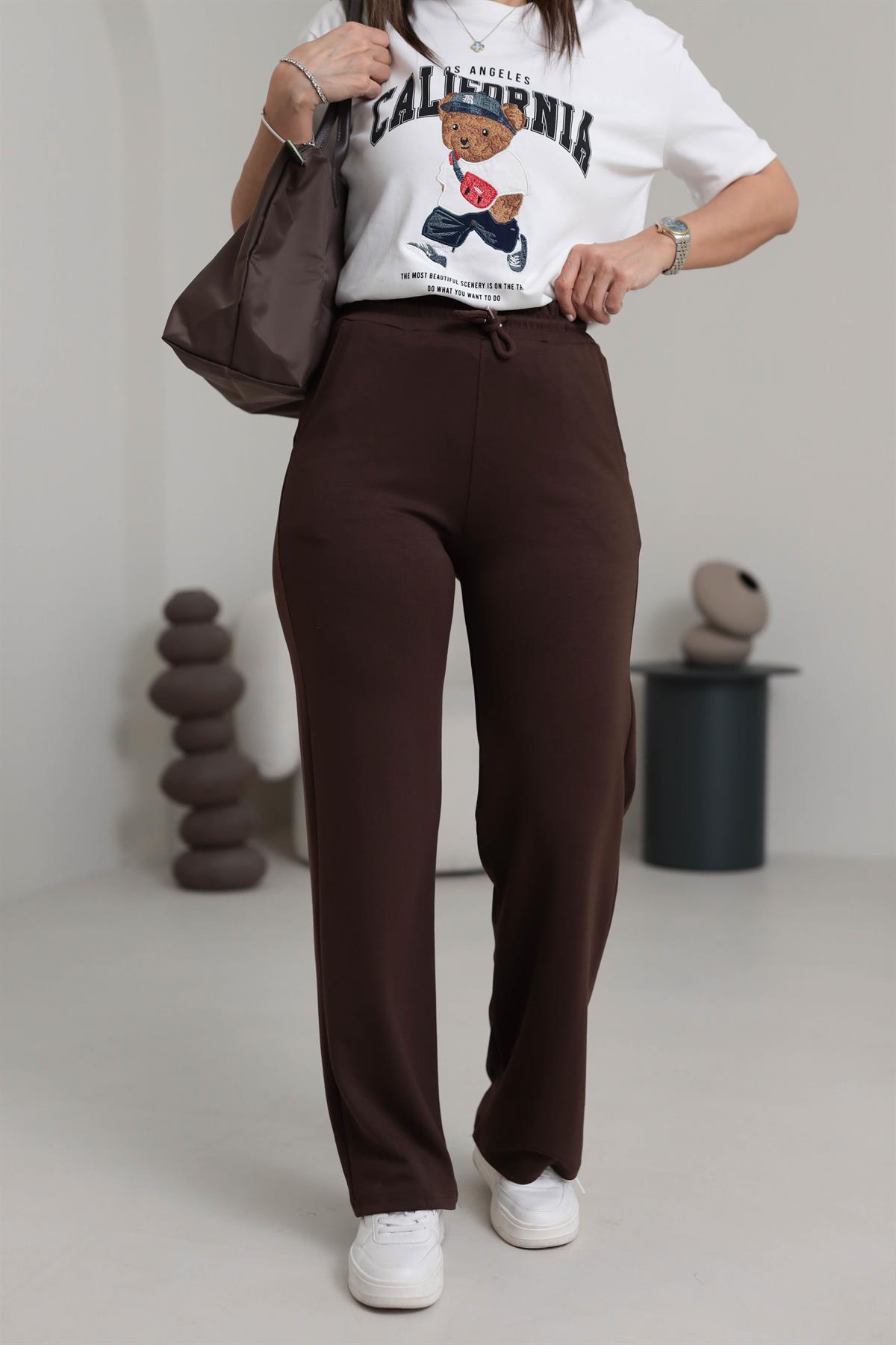 0016 Modal Kumaş Bel Lastikli Palazzo Eşofman Altı KAHVE
