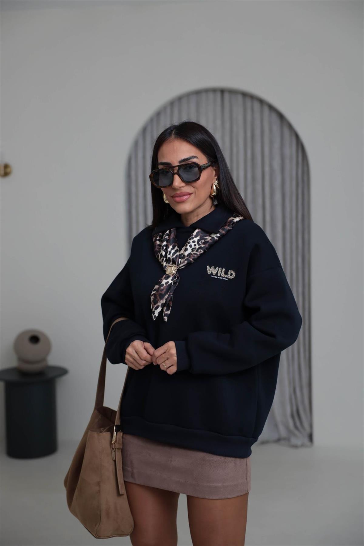 0613 Polo Yaka Fular Detaylı Şardonlu Sweatshirt LACİVERT