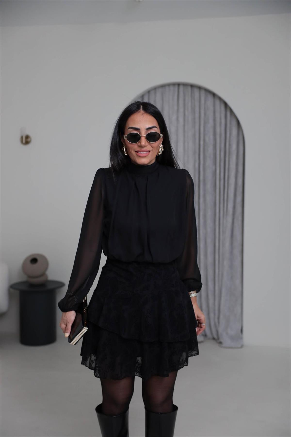 3863 Eteği Flok Baskı Katlı Elbise SİYAH