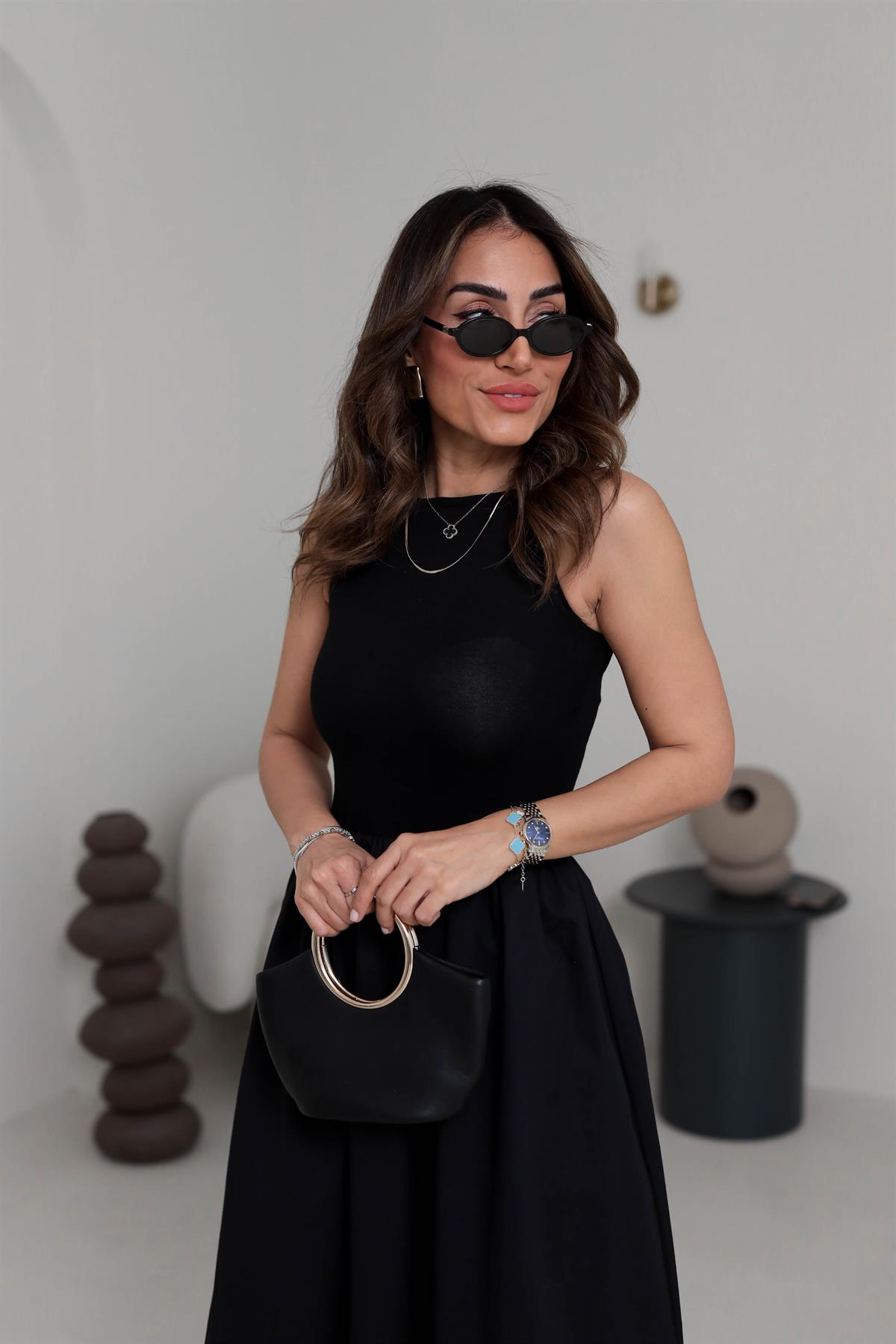 2068 Sıfır Kol Parçalı Poplin Elbise SİYAH