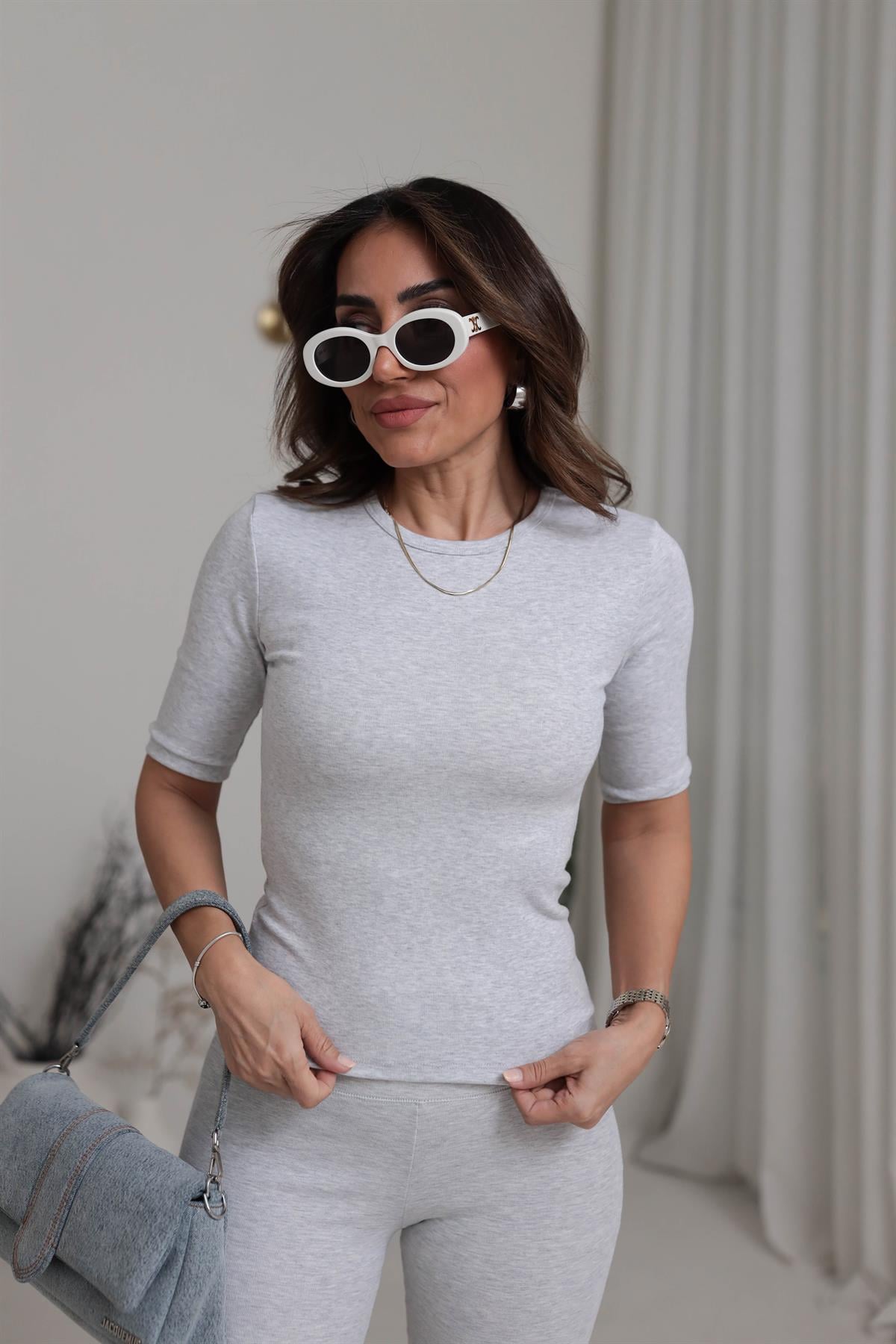 4168 Yarım Kol Pamuklu Tshirt GRİ MELANJ