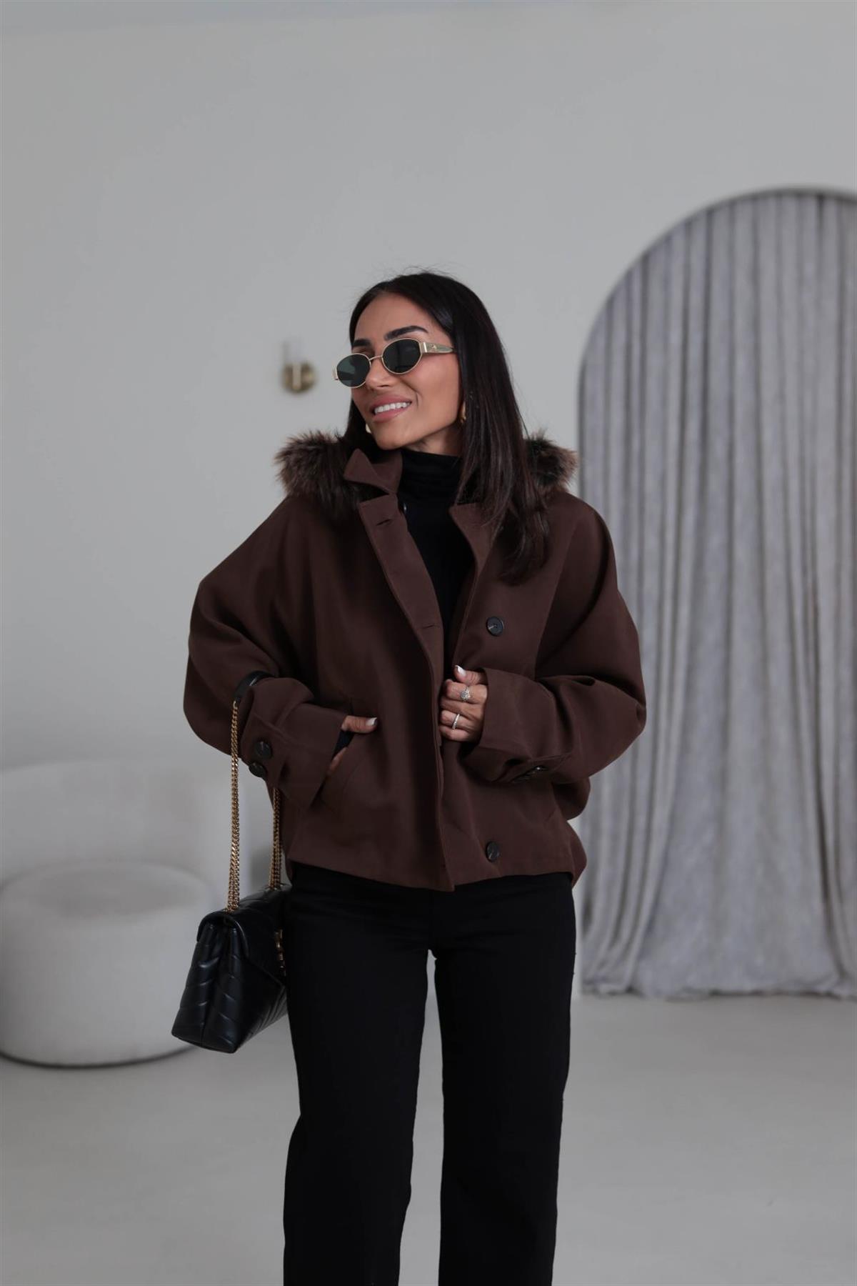 6856 Kürk Kapşonlu Parka KAHVE