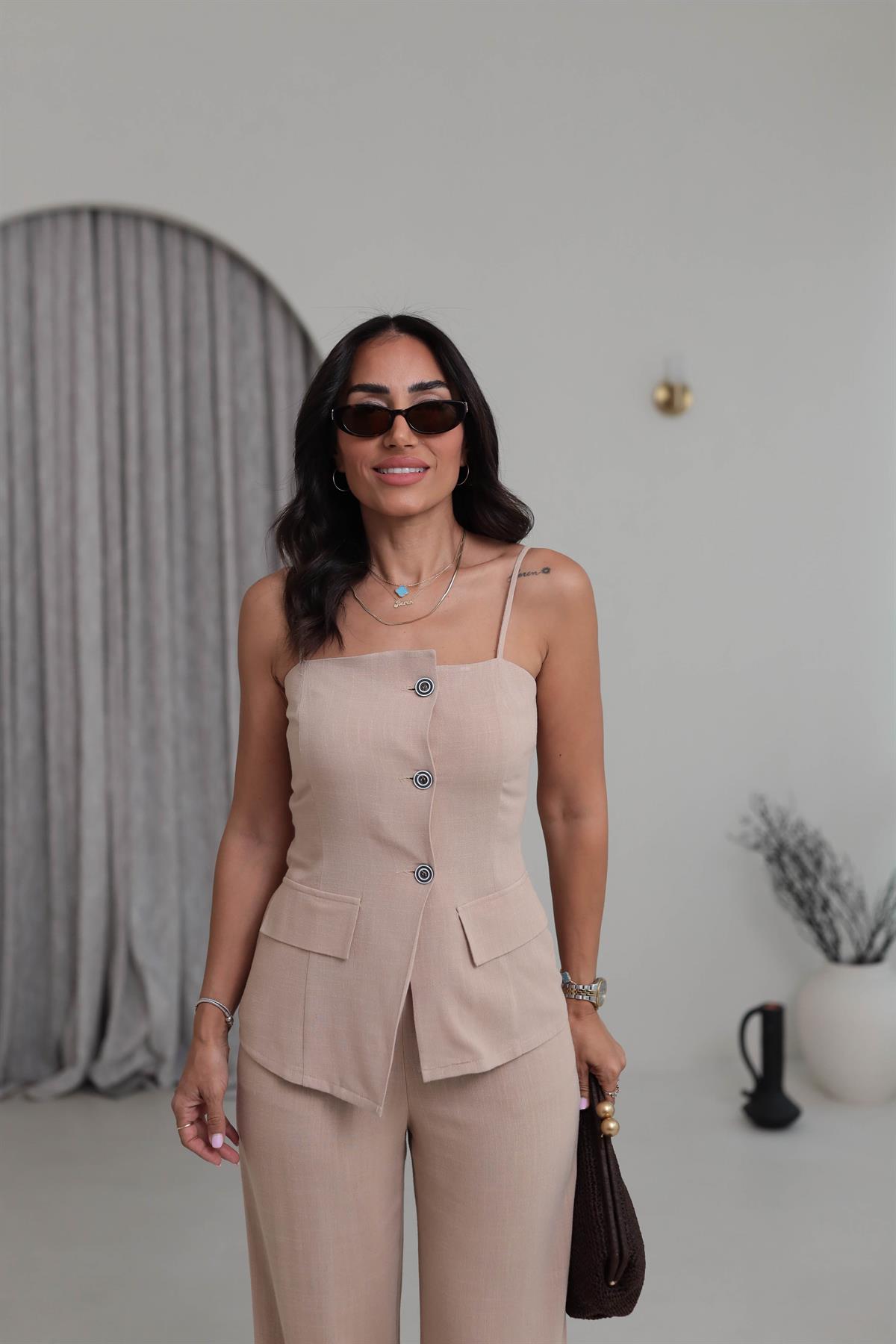 0288 Askıları Ayarlanabilir Tencel Keten Yelek & Pantolon Takım VİZON