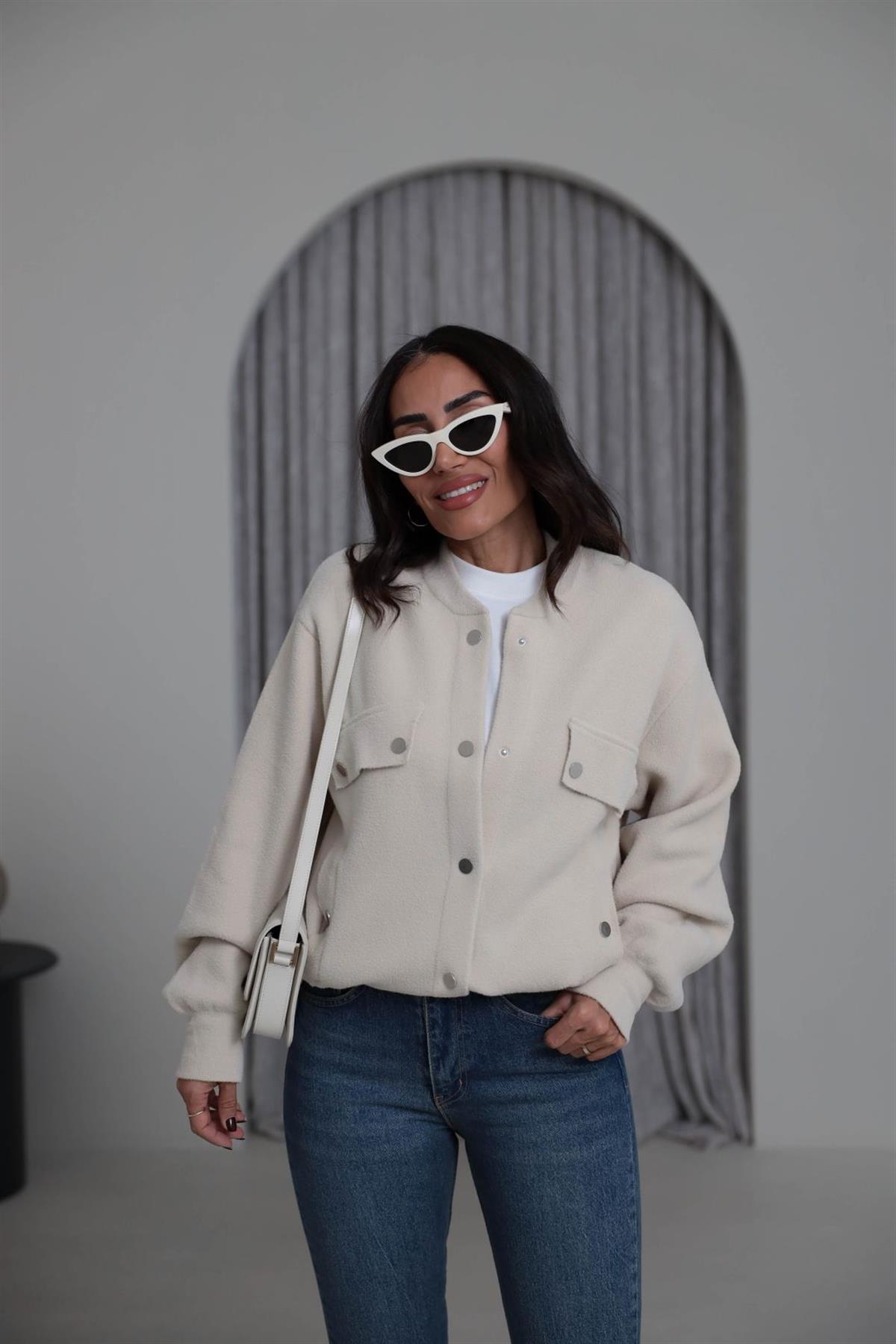 4589 Çıtçıtlı Cep Detaylı Angora Ceket EKRU