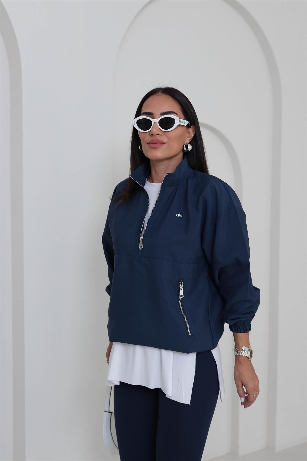 2120 Yazı Baskılı Rahat Paraşüt Sweatshirt LACİVERT