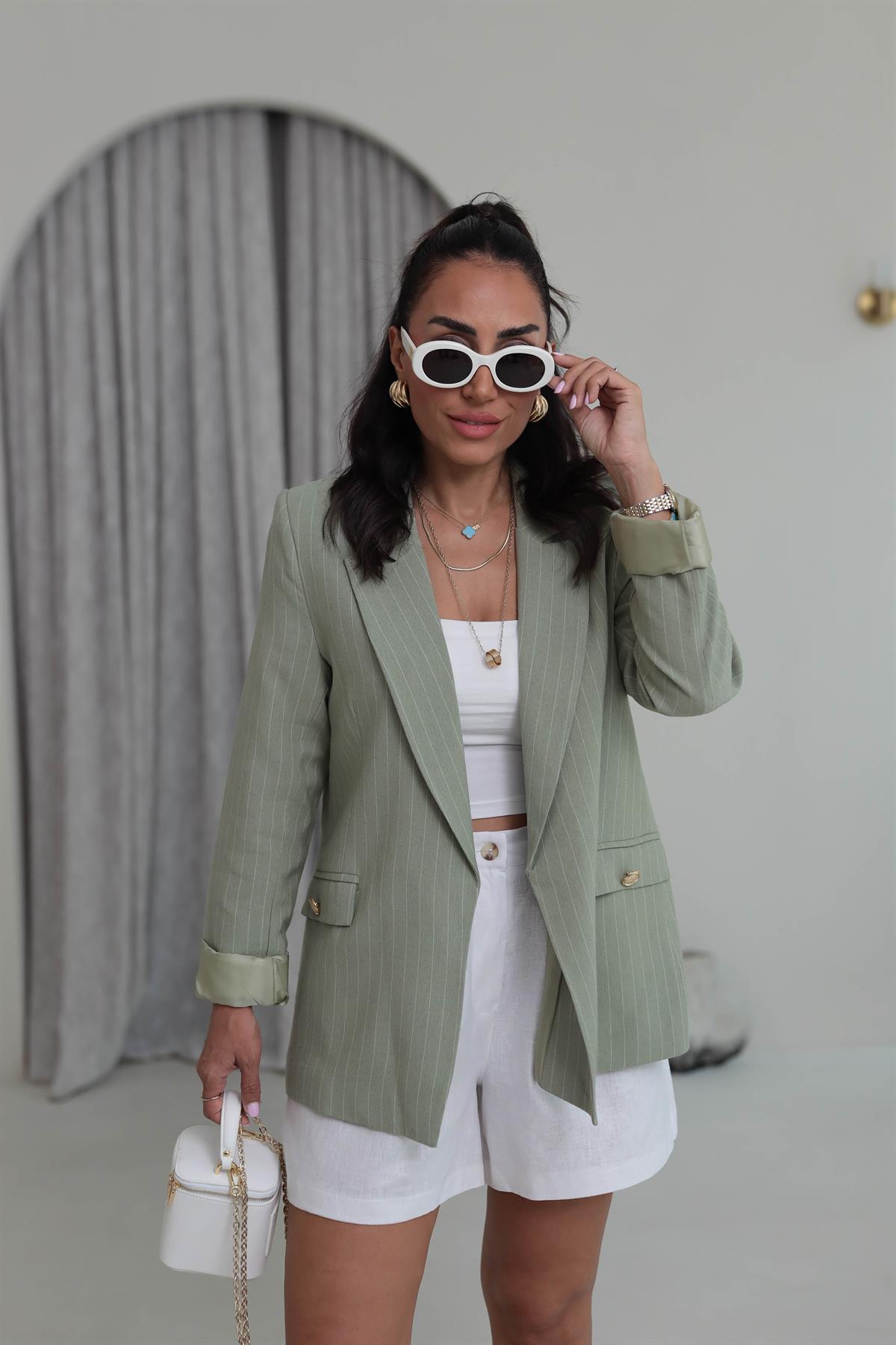 9296 Çizgili Gold Düğmeli Keten Ceket HAKİ YEŞİL