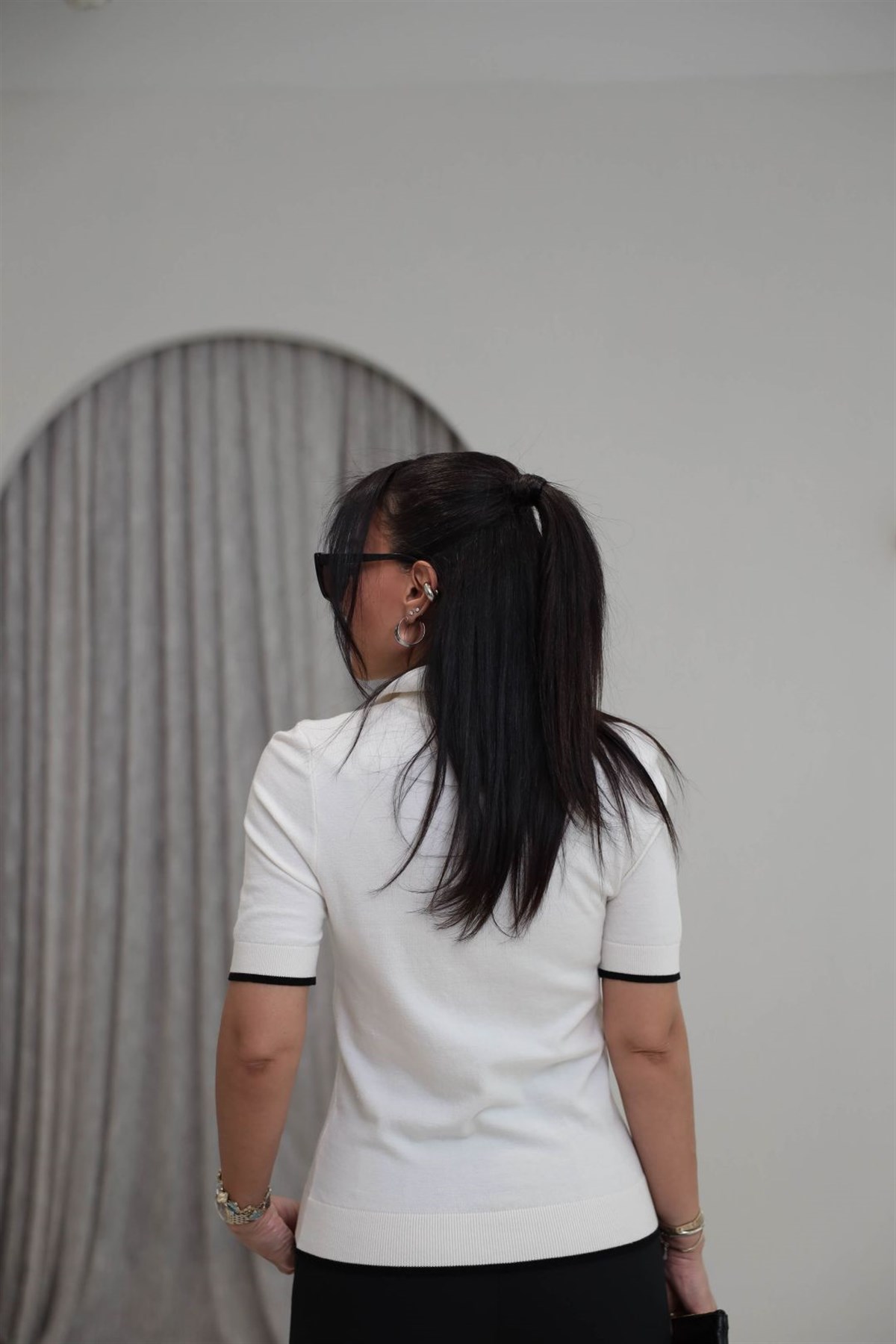 0169 Polo Yaka Fermuarlı Kontrastlı Triko Bluz EKRU