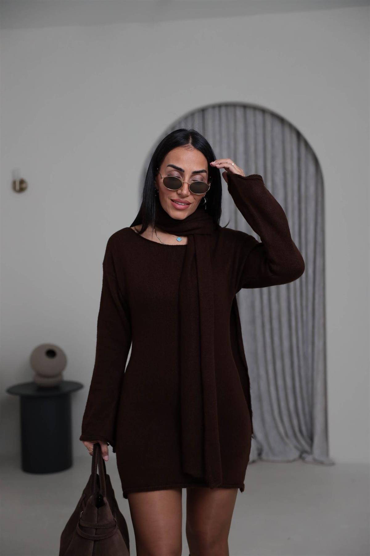 5251 Kayık Yaka Şallı Tunik KAHVE