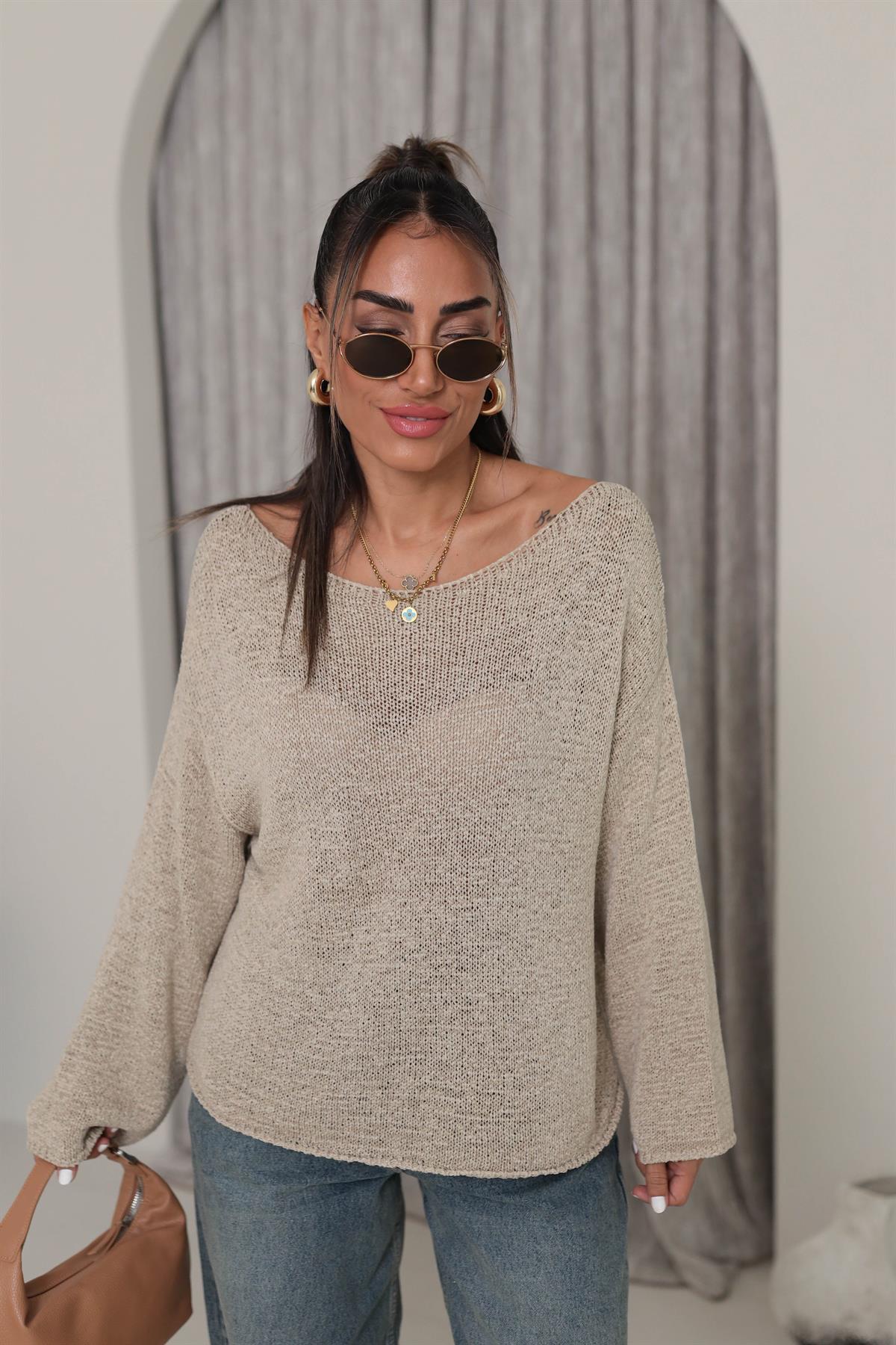 4455 Kayık Yaka Triko BEJ