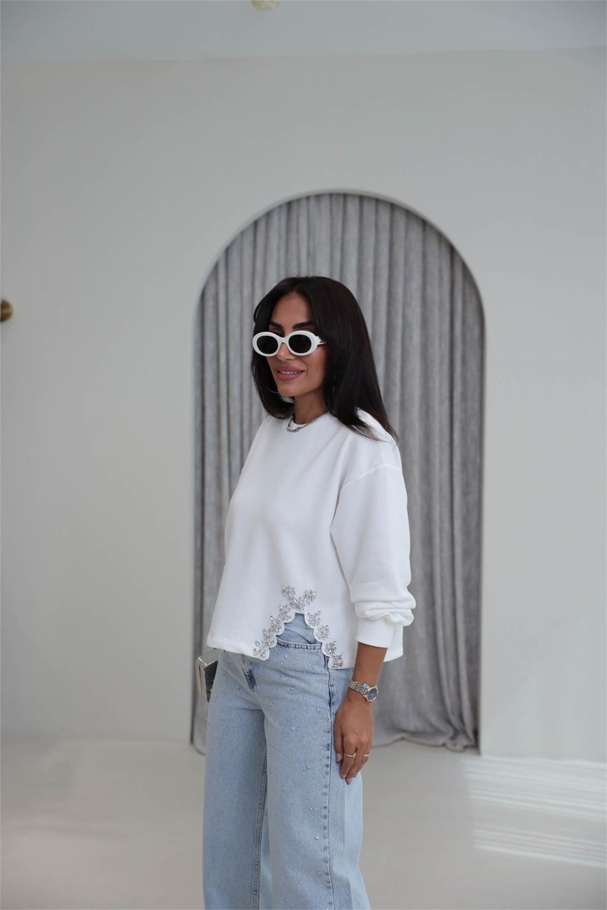 9095 Eteği Taş Süslemeli Pamuklu Sweatshirt EKRU
