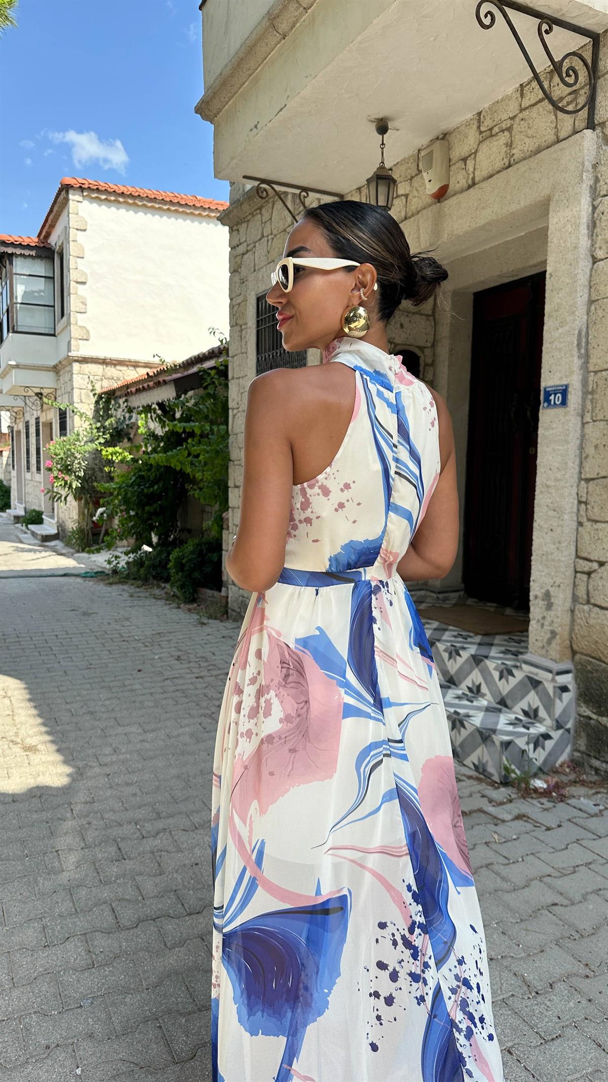 3242 Halter Yaka Desenli Elbise