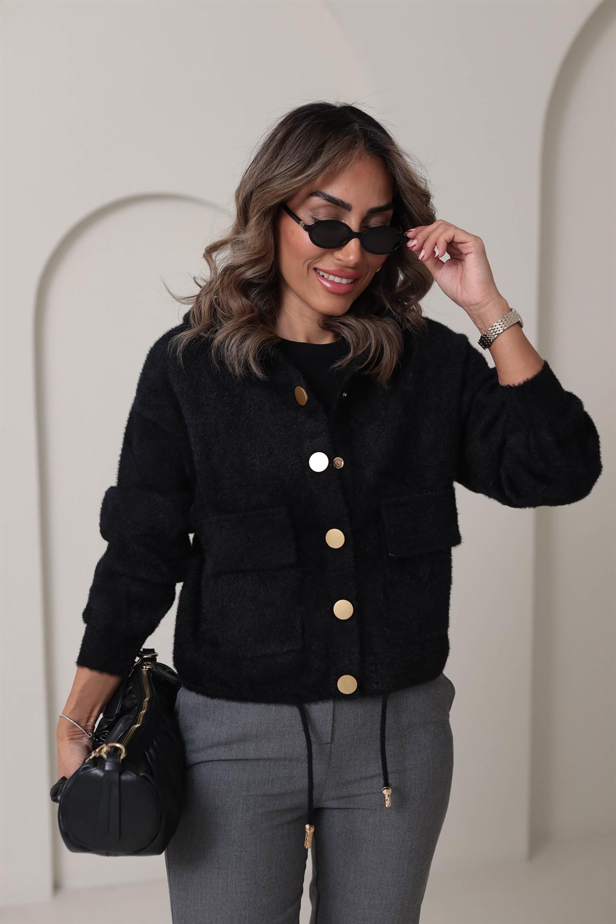 4944 Angora Kapşonlu Gold Düğmeli Hırka SİYAH