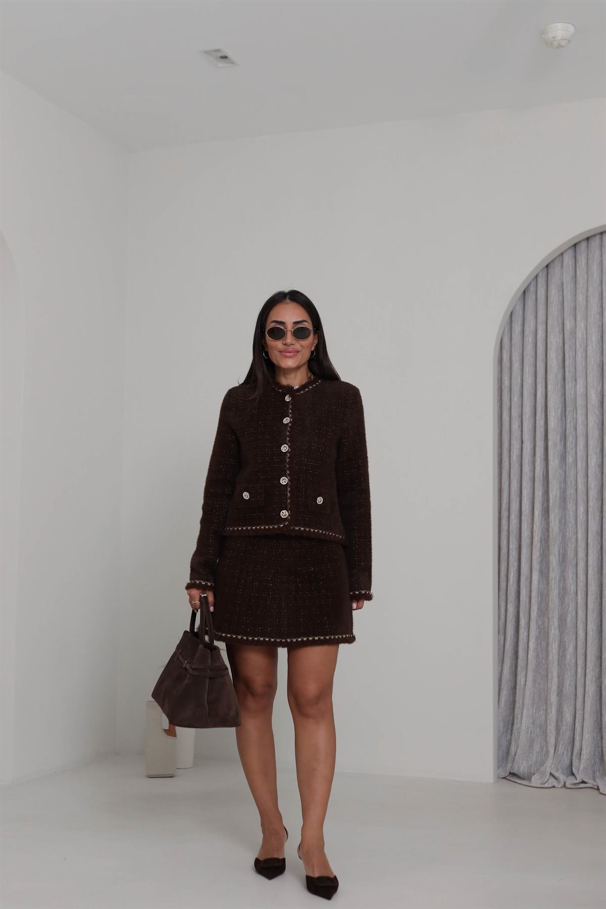 0420 Püskül ve Sim Detaylı Angora Etek ACI KAHVE