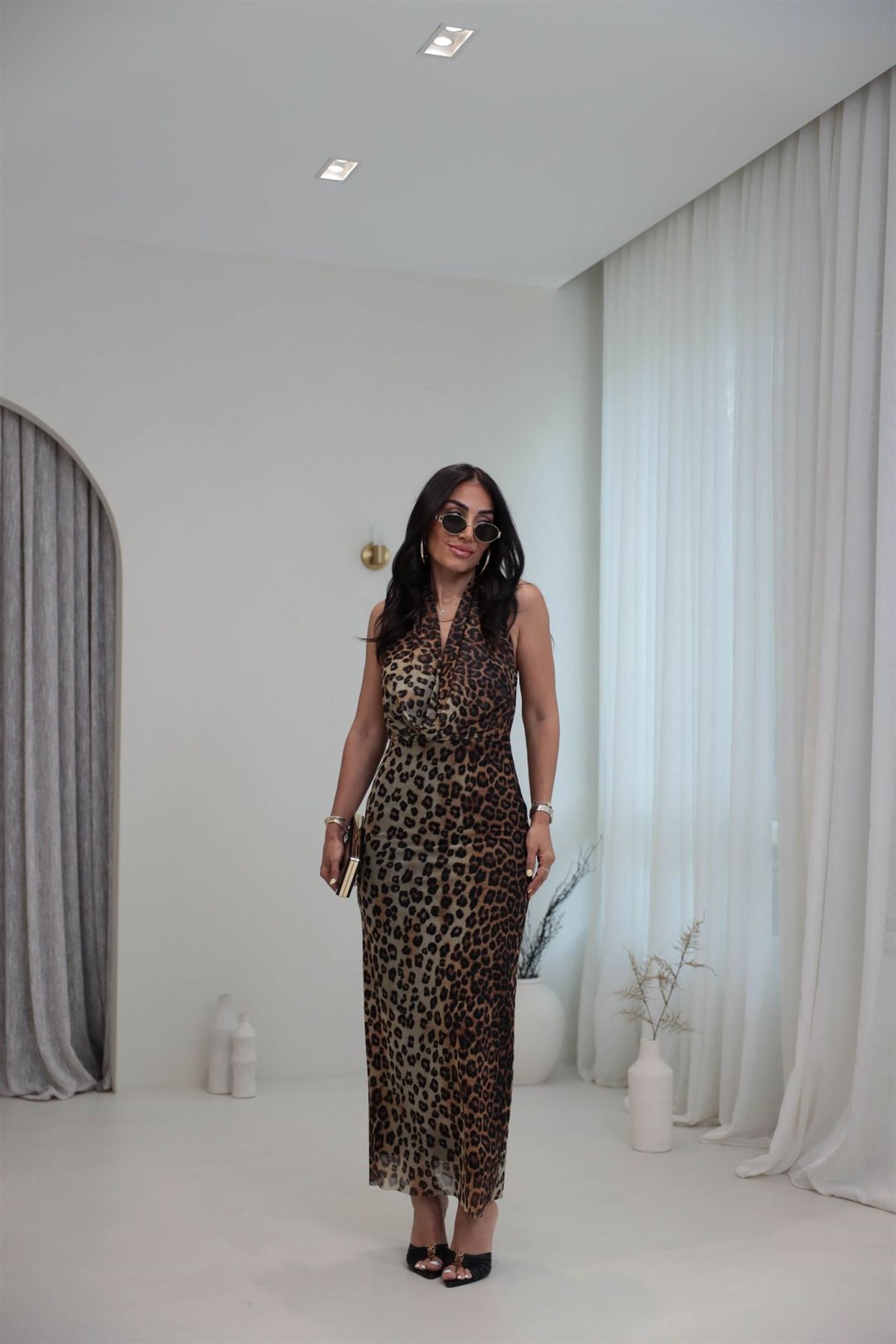 0006 Boyundan Geçişli Degaje Yaka Leopar Tül Elbise LEOPAR