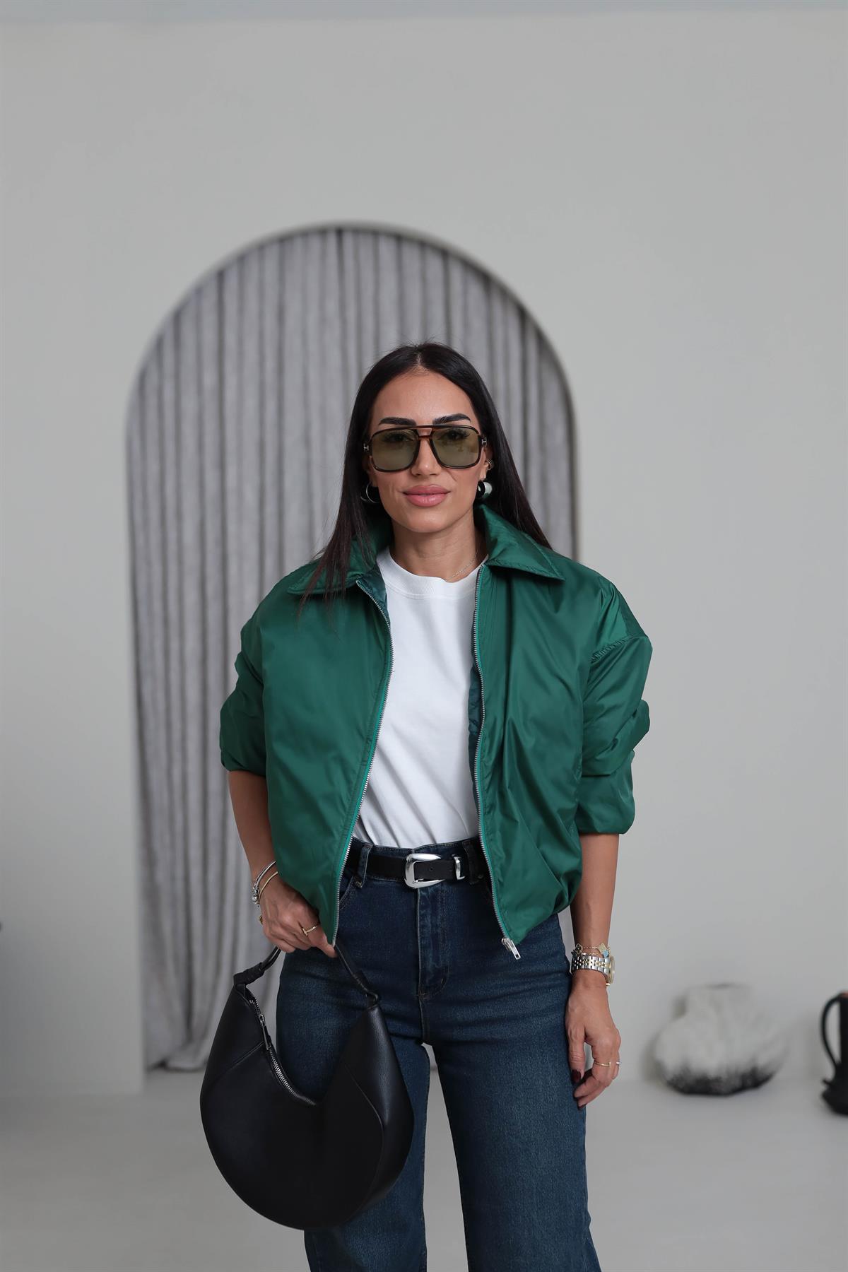 5871 Önden Fermuarlı İçi Kapitone İnce Mont KOYU YEŞİL