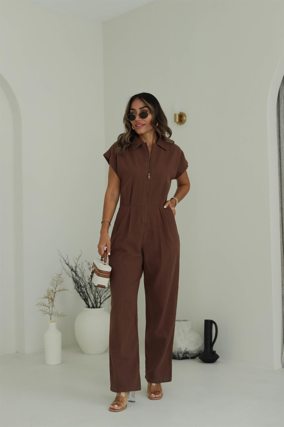 1310 Önden Fermuarlı Keten Tulum