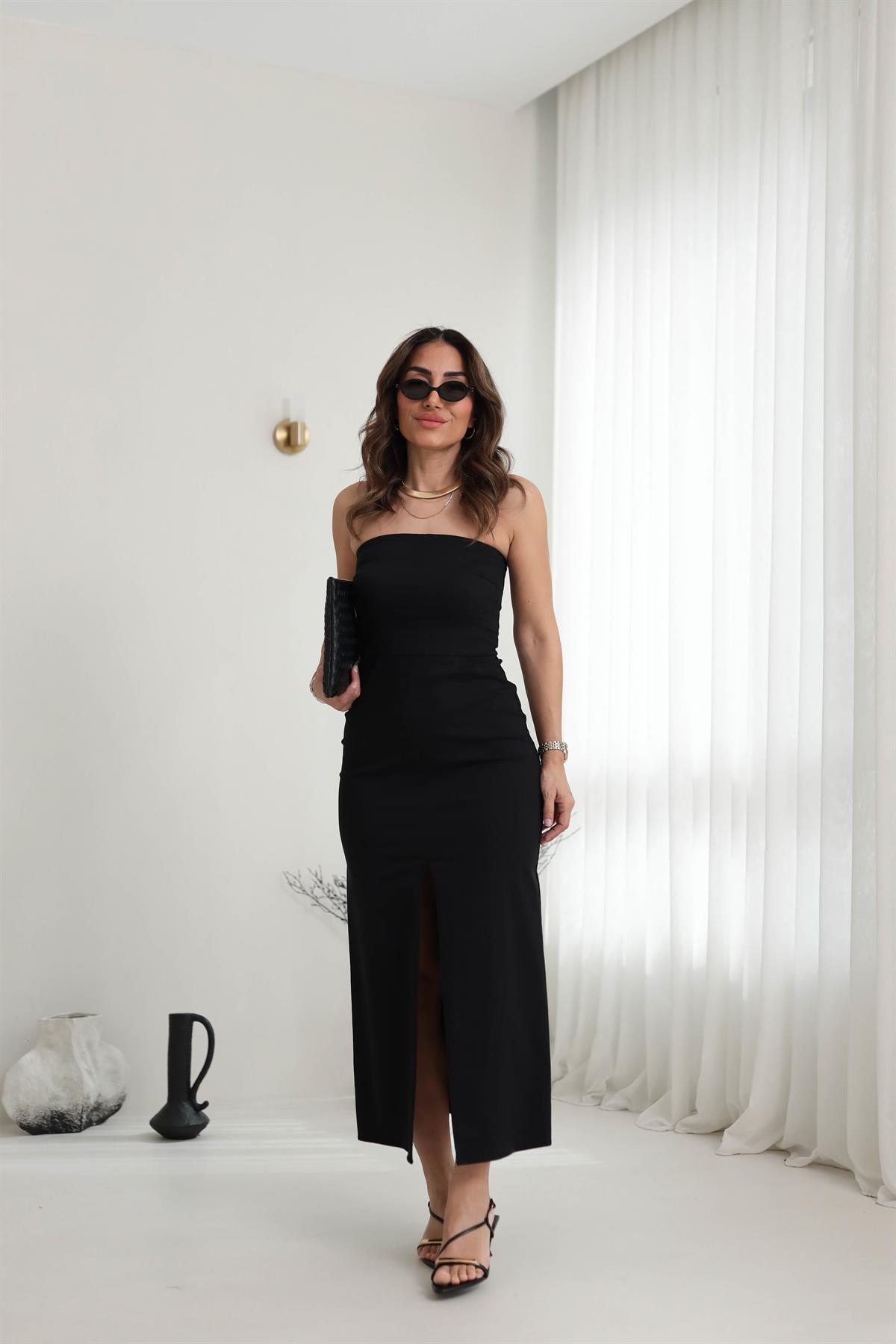 0758 Likralı Yırtmaç Detaylı Straplez Elbise SİYAH