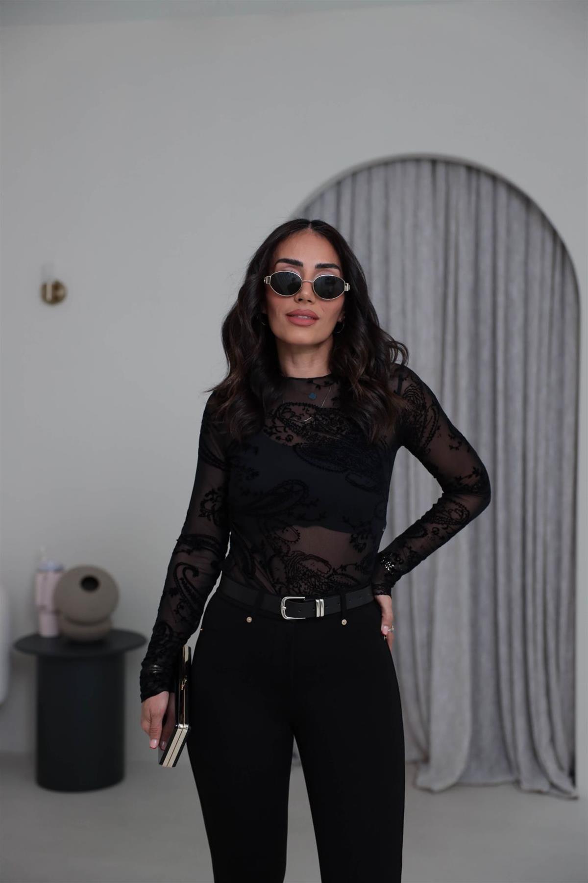 7248 Kadife Baskılı Asimetrik Tül Bluz SİYAH