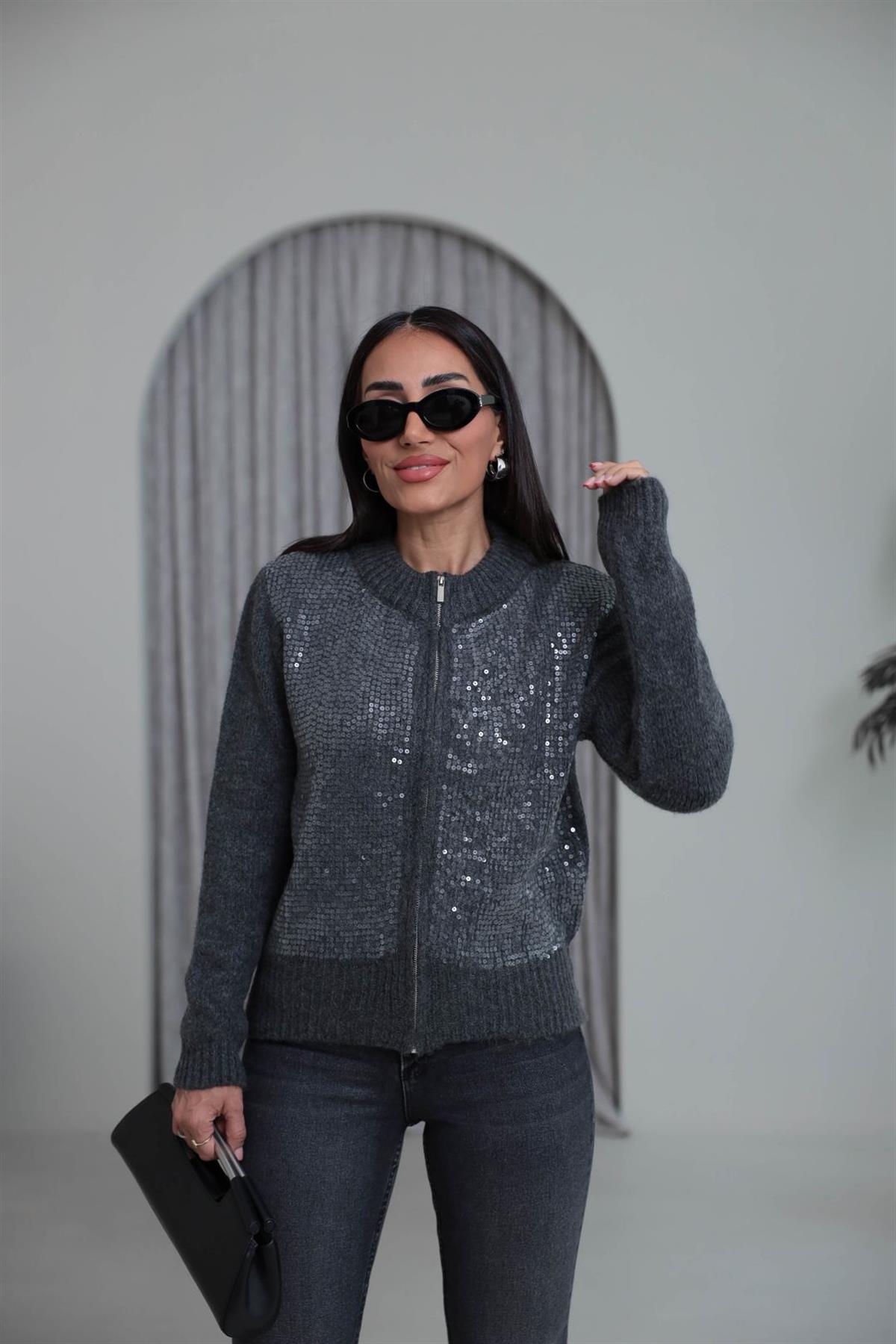 2570 Önü Pul İşlemeli Fermuarlı Hırka ANTRASİT