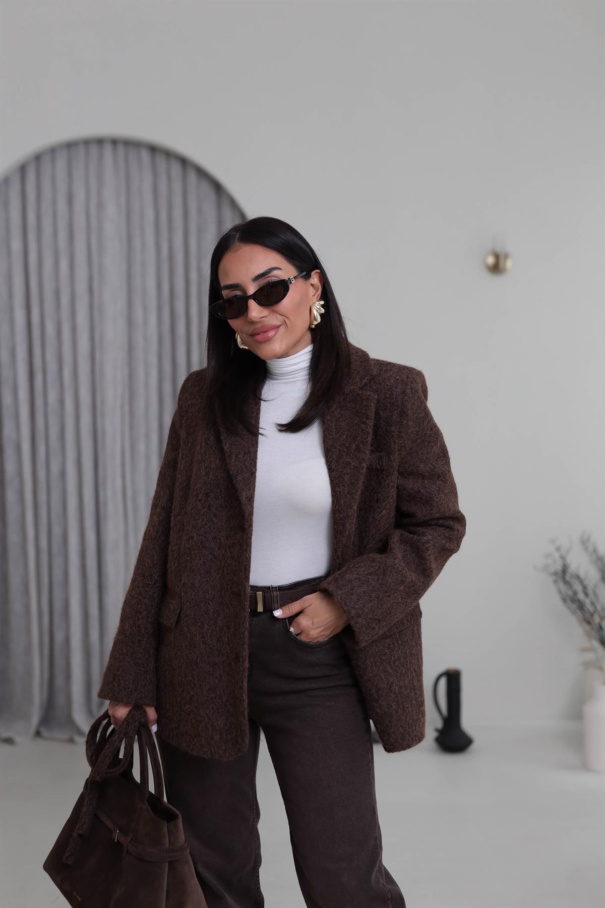 7368 Kuşak Detaylı Blazer Kaşe Ceket ACI KAHVE