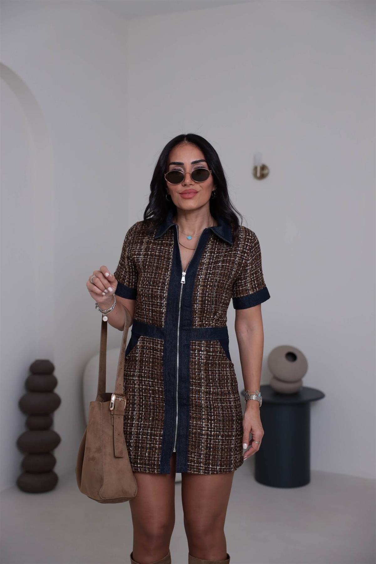 8082 Gömlek Yaka Kot Garnili Tüvit Elbise KAHVE