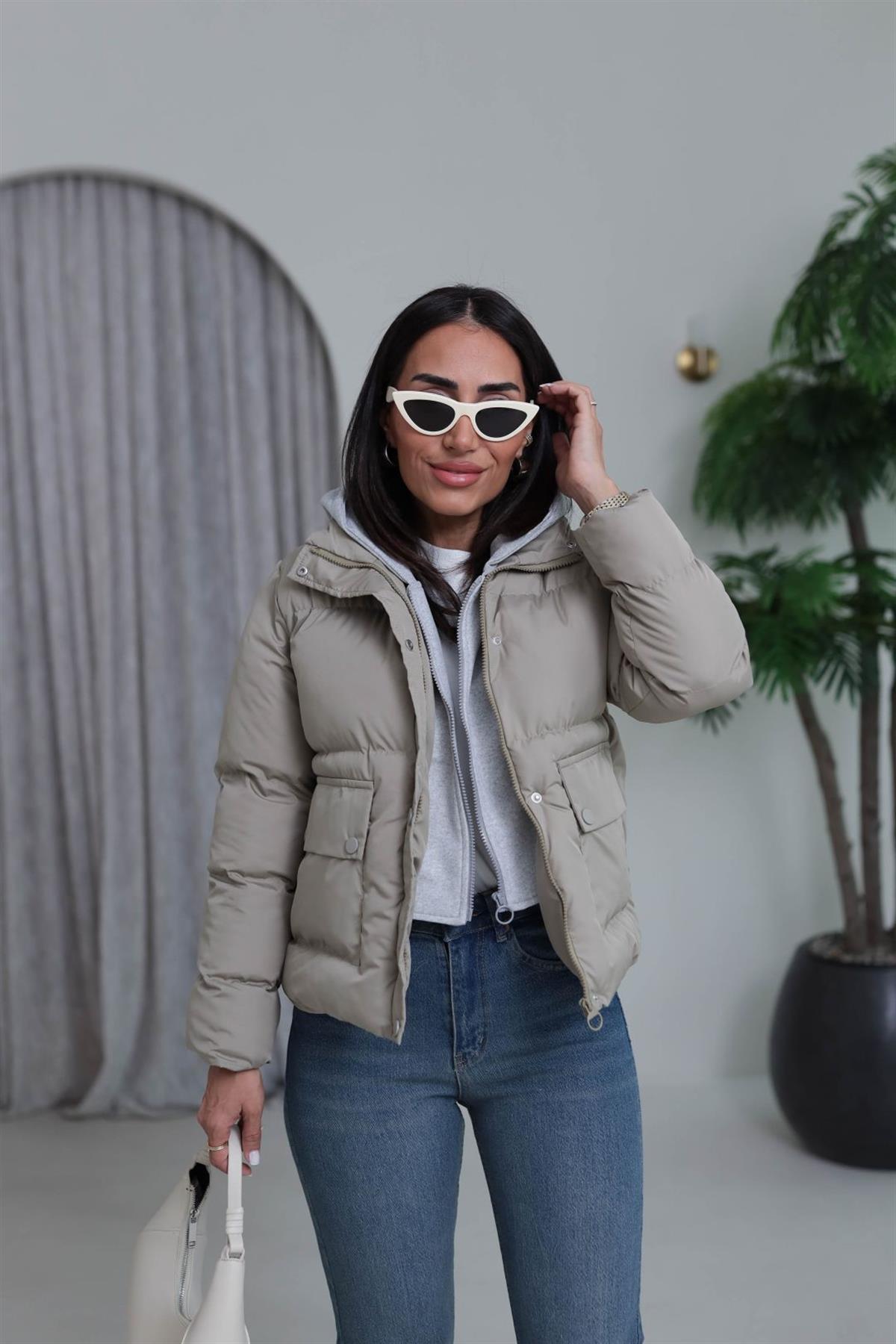 2148 Kapşonlu Şişme Mont BEJ