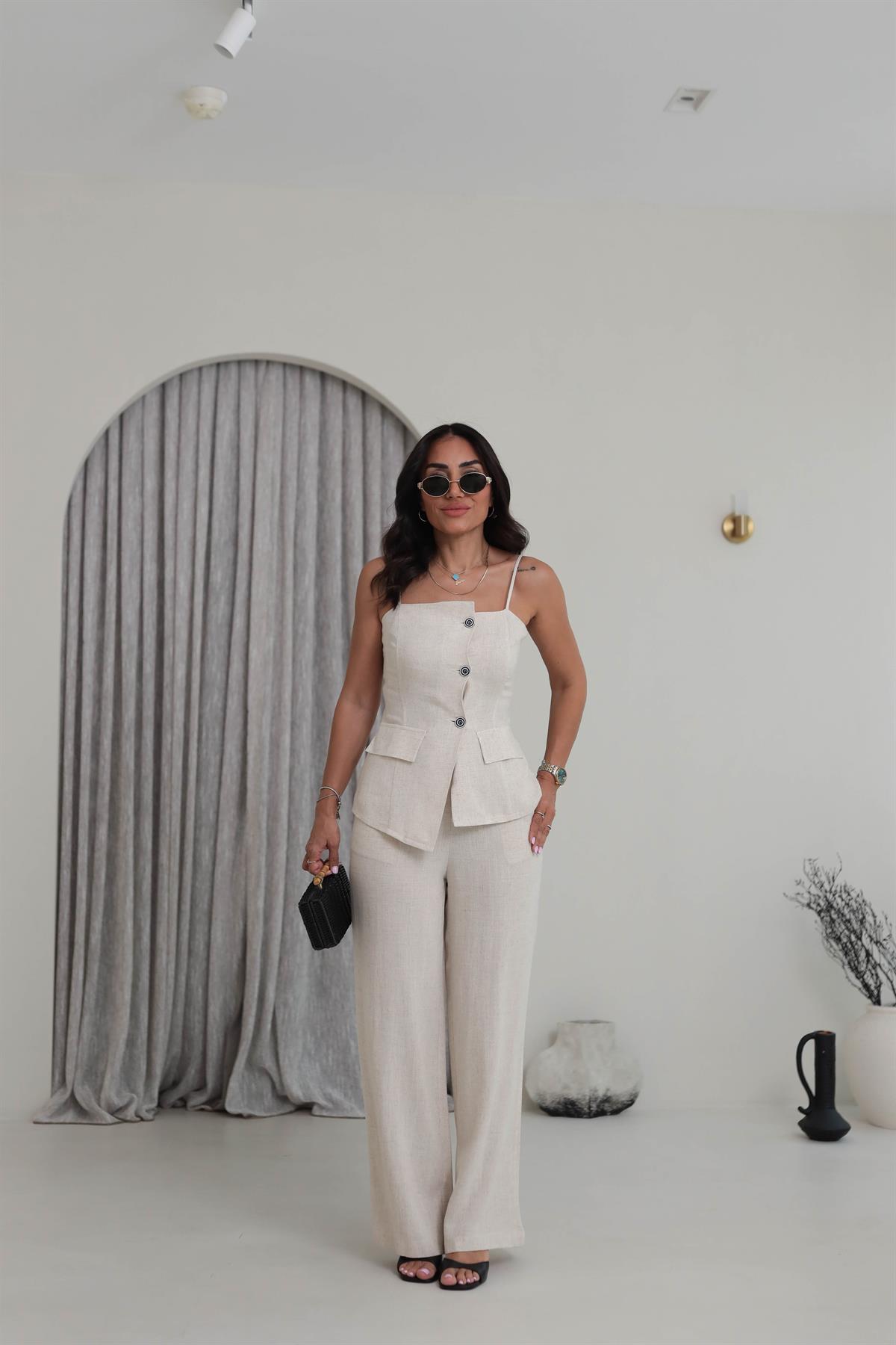 0288 Askıları Ayarlanabilir Tencel Keten Yelek & Pantolon Takım NATURAL