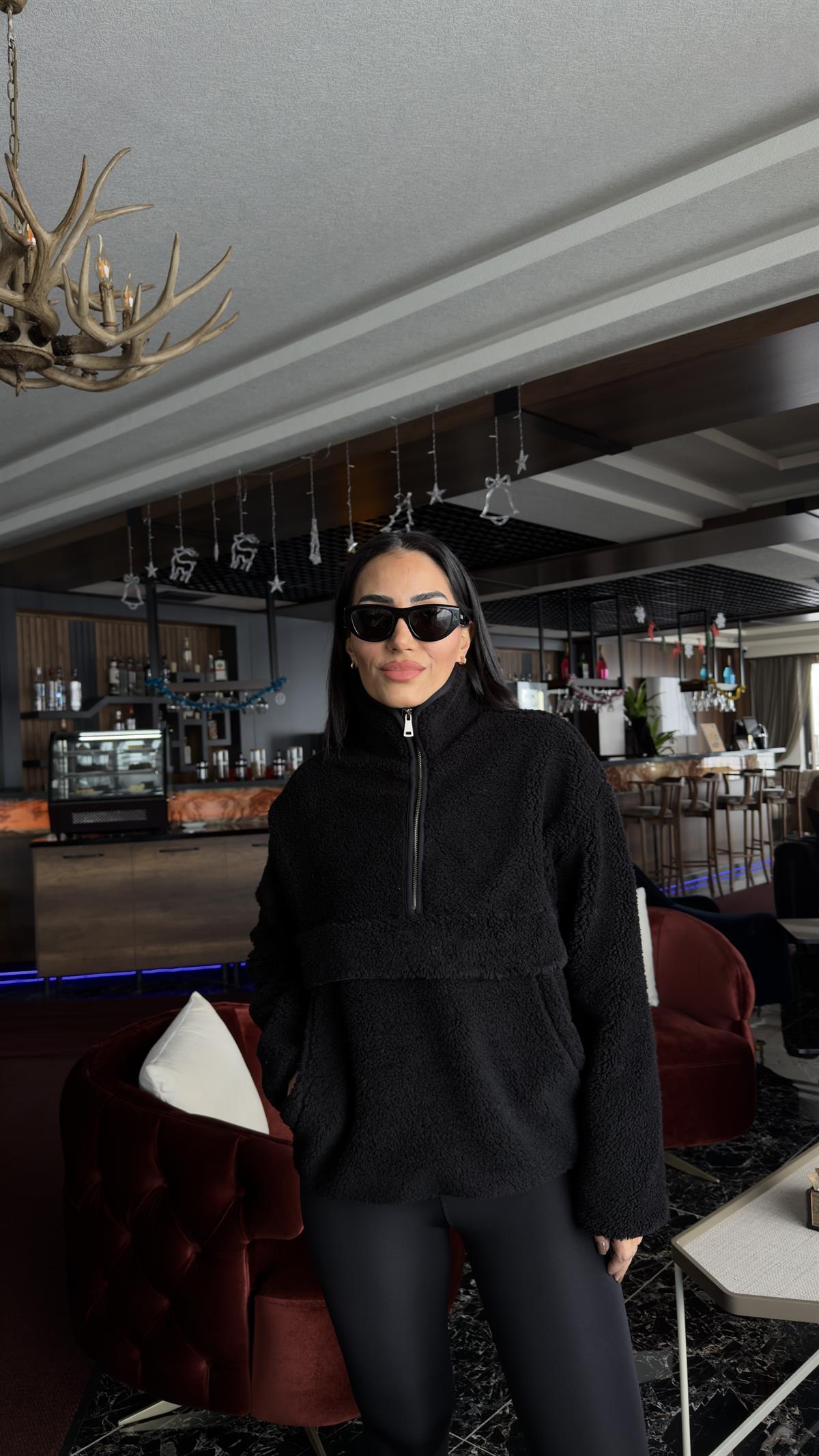 0628 Yarım Fermuarlıı Kanguru Cep Teddy Sweatshirt SİYAH