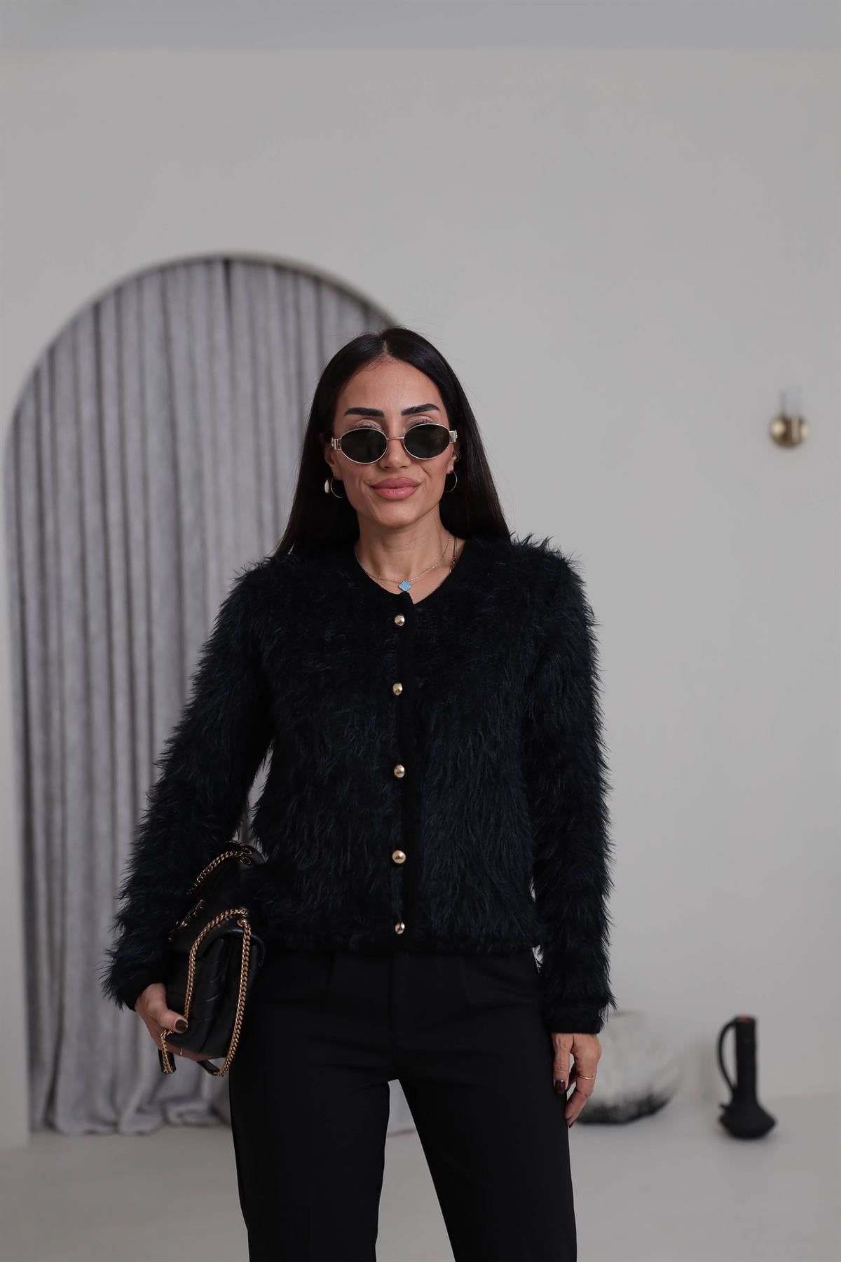 4938 Gold Düğme Detaylı Sakalı Hırka SİYAH