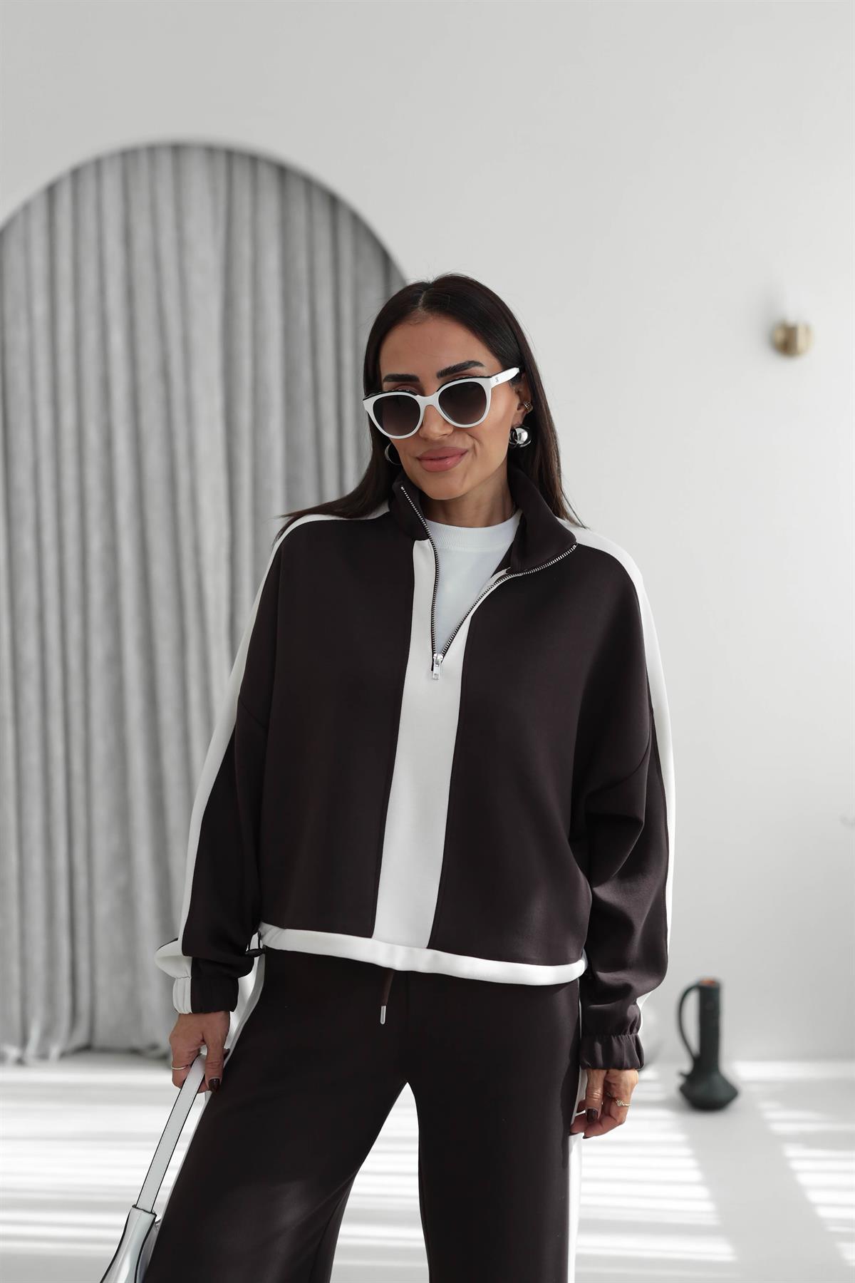 5704 Şerit Detaylı Modal Takım ACI KAHVE