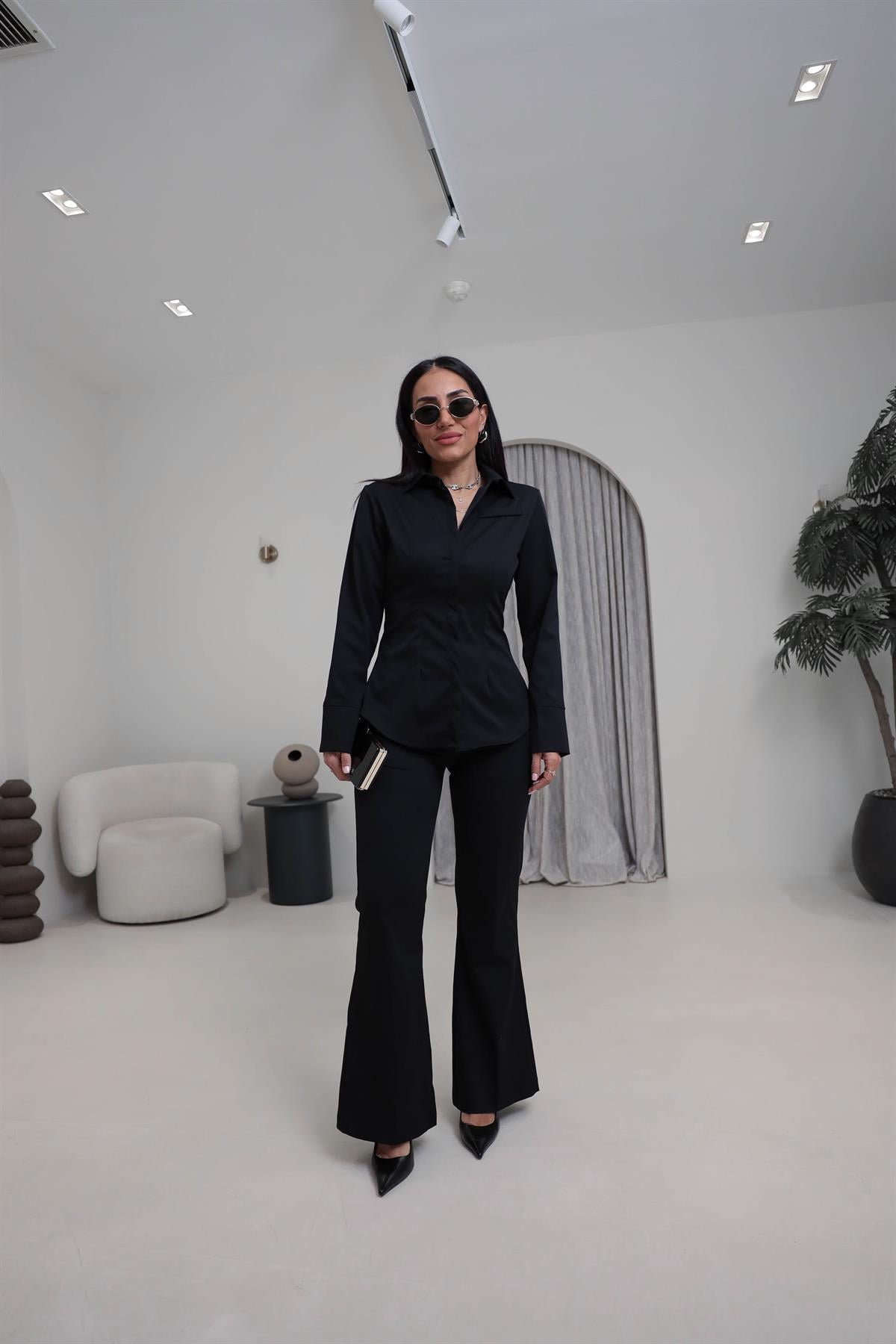 0830 Vatkalı ve Cep Detaylı Gömlek Pantolon Takım SİYAH