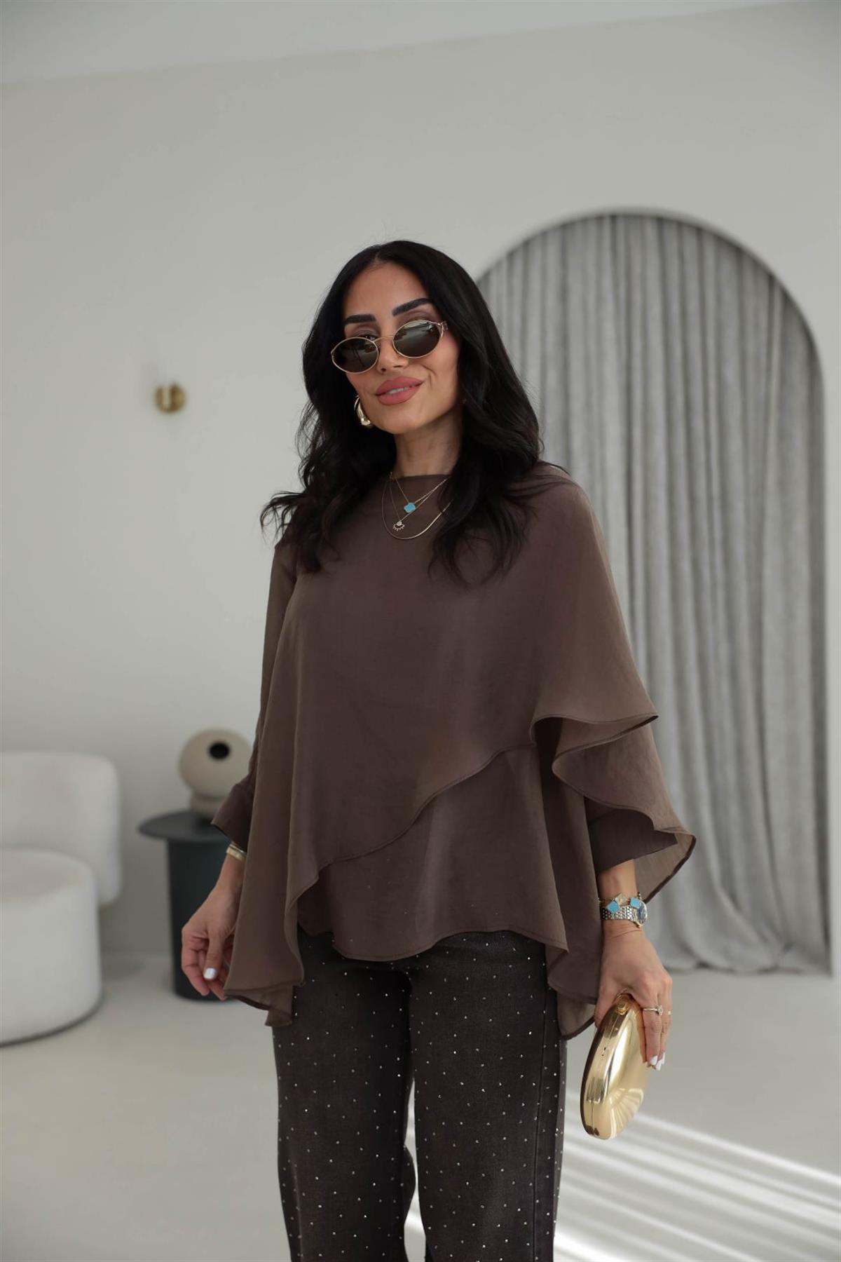 5026 Uçuşan Pelerin Bluz KAHVE