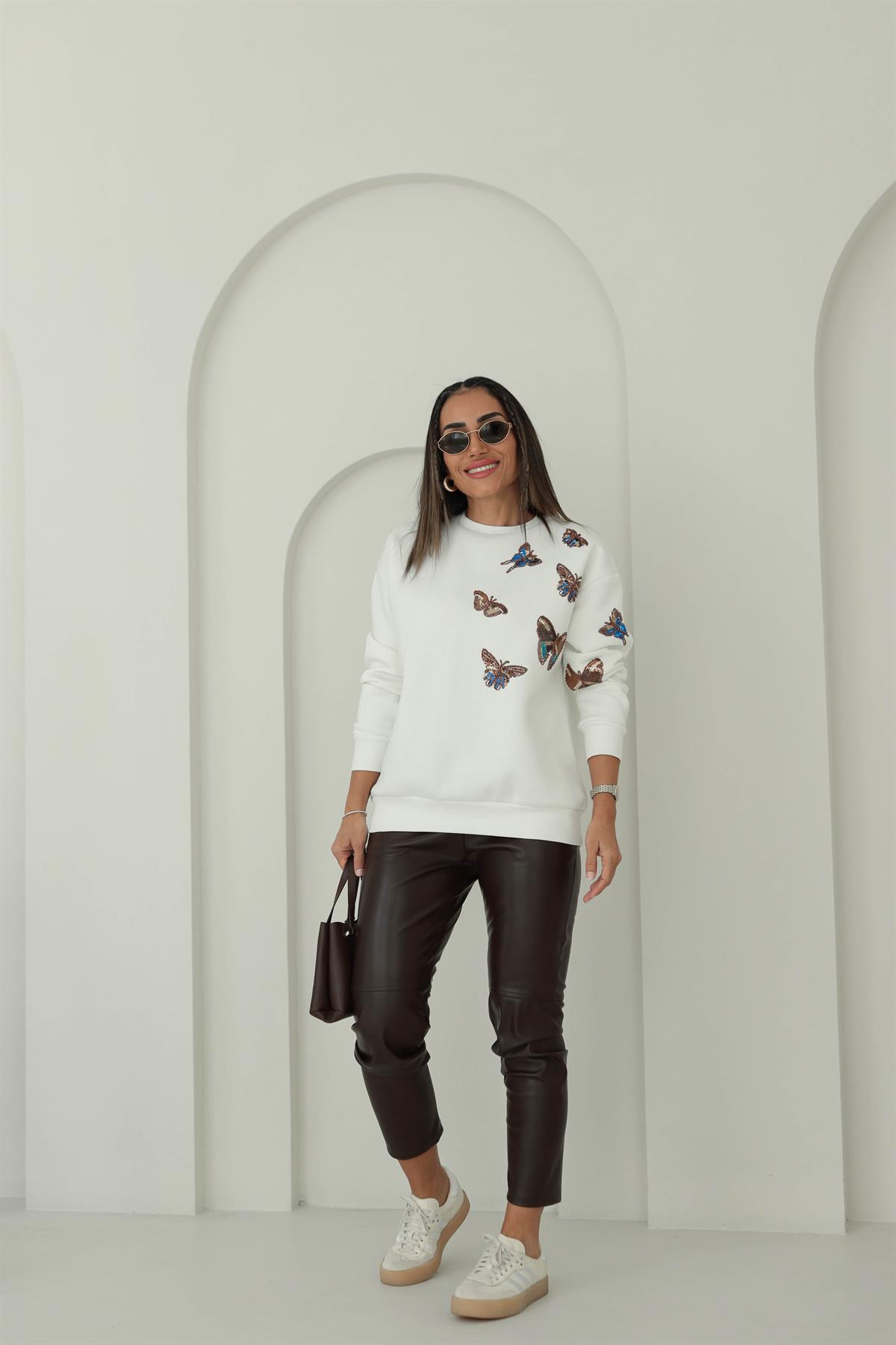 6542 Pullu Kelebek İşlemeli Şardonlu Sweatshirt EKRU