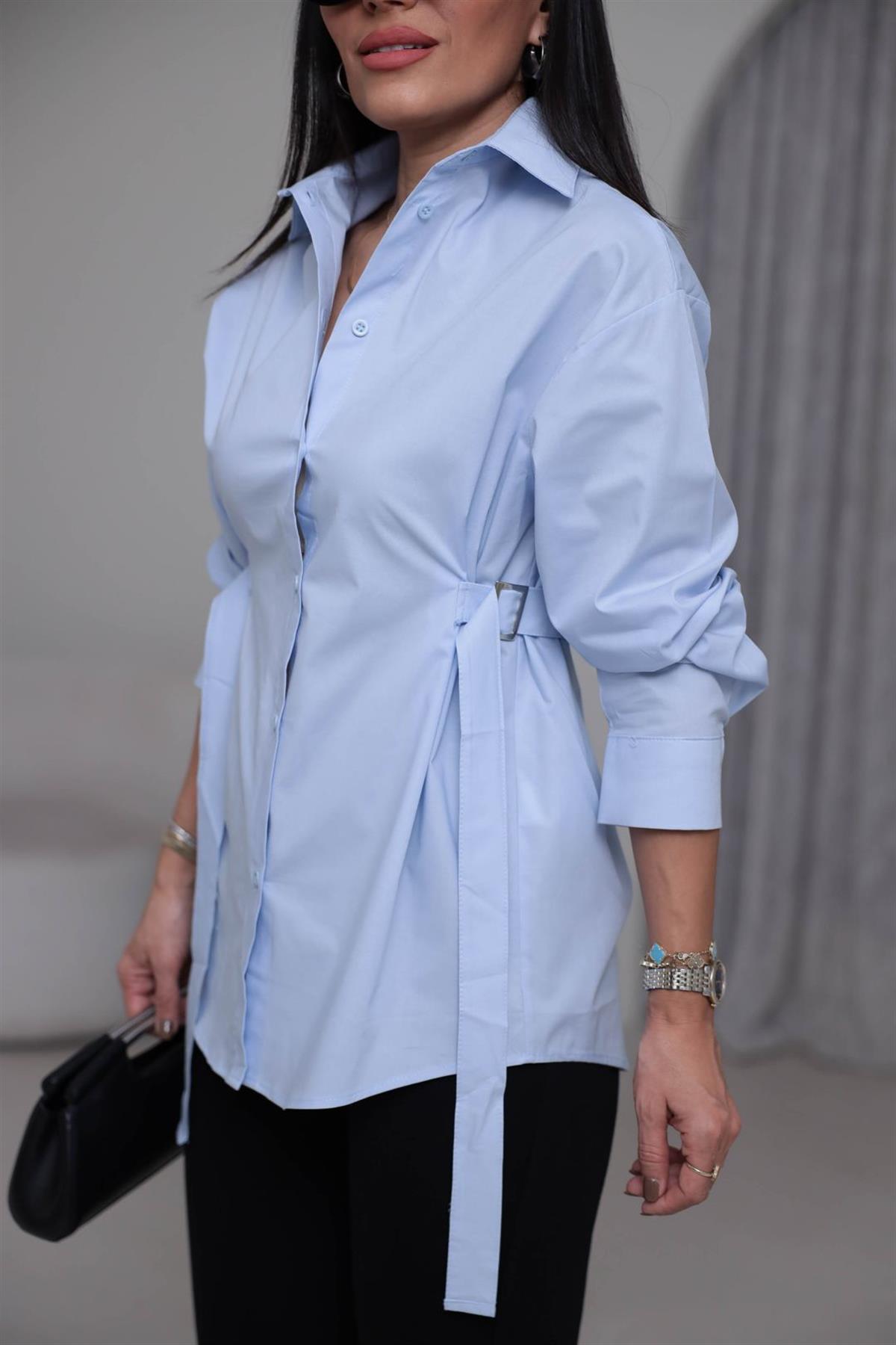 7176 Beli Kemer Detaylı Gömlek MAVİ