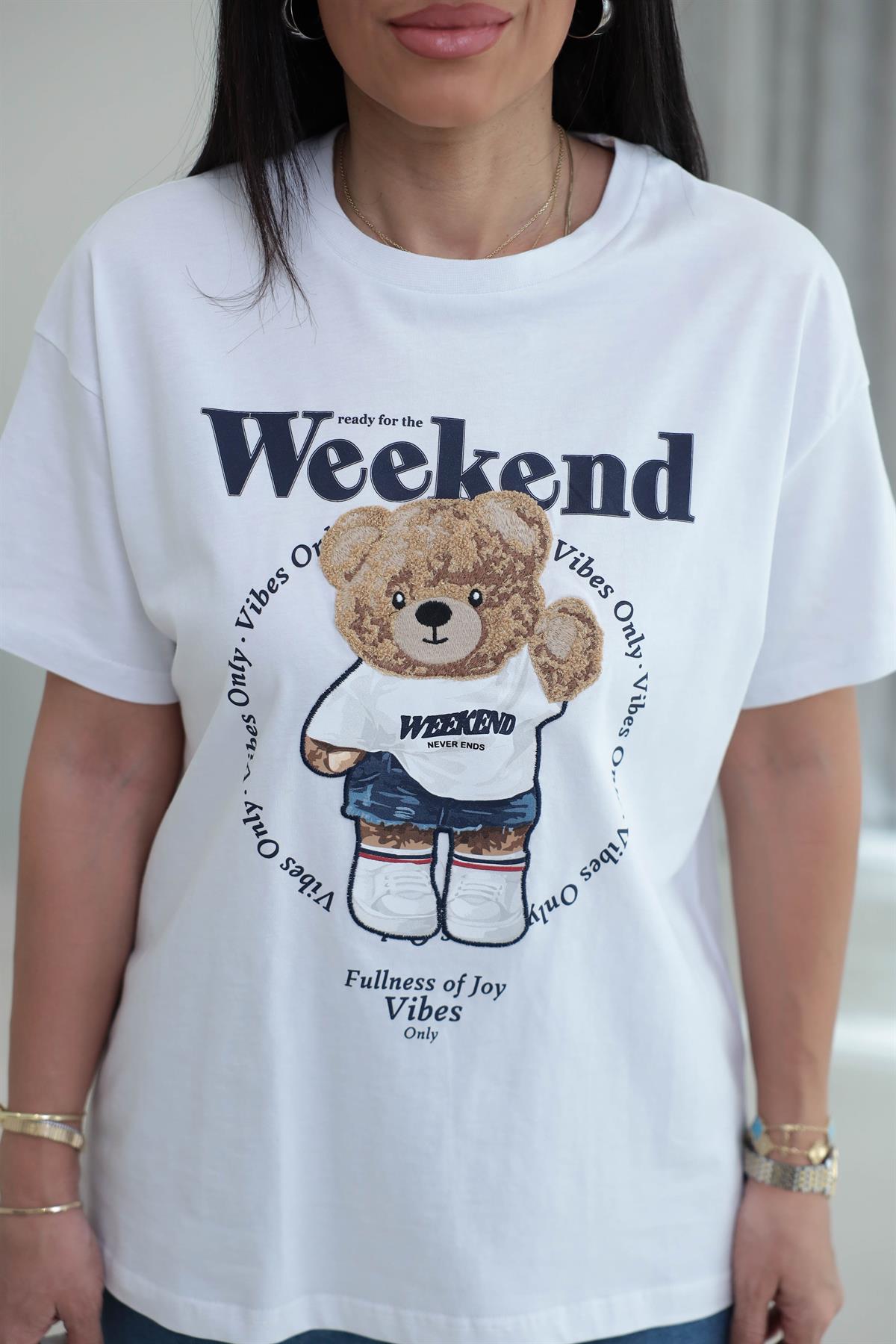 7514 Bisiklet Yaka Teddy Aplikeli Tshirt BEYAZ