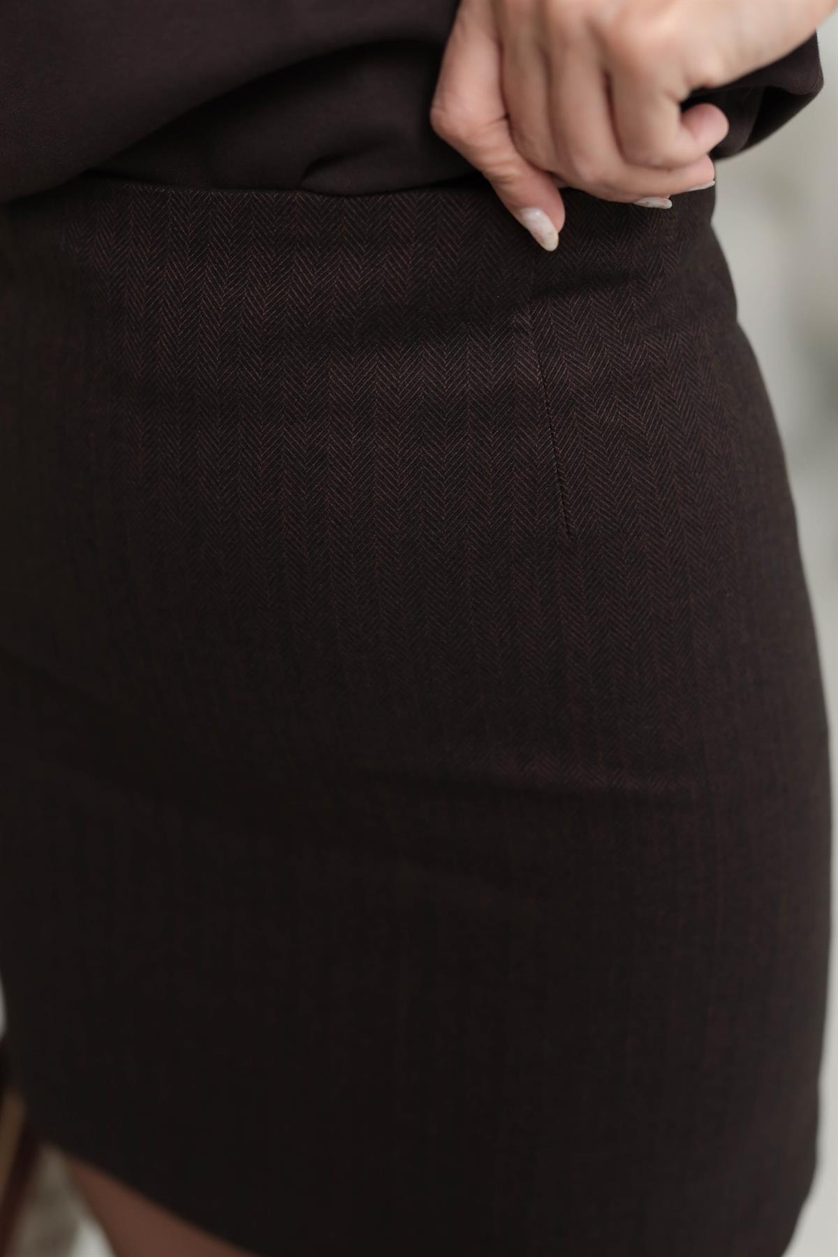 6577 Çizgi Desenli Kaşe Etek KAHVE