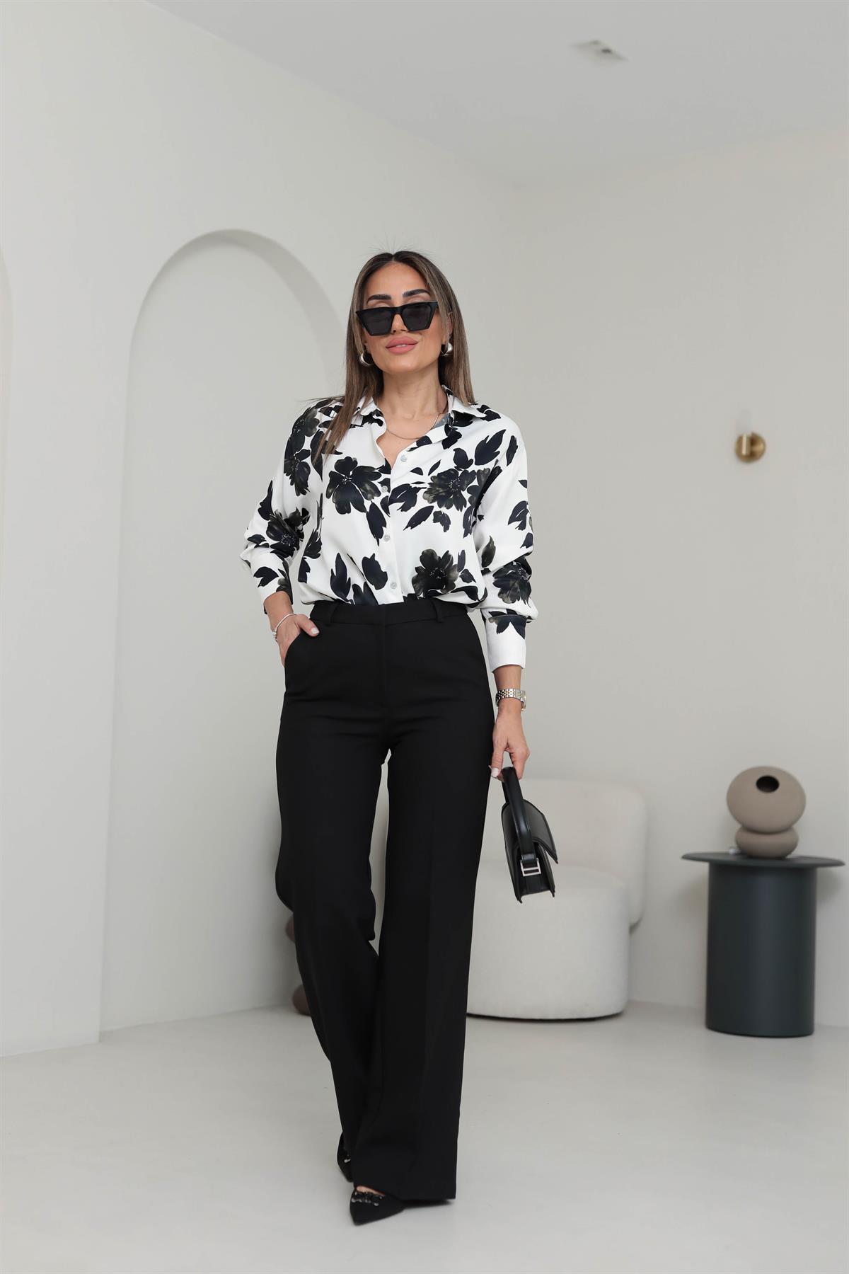 6537 Çiçek Desen İpek Saten Gömlek SİYAH