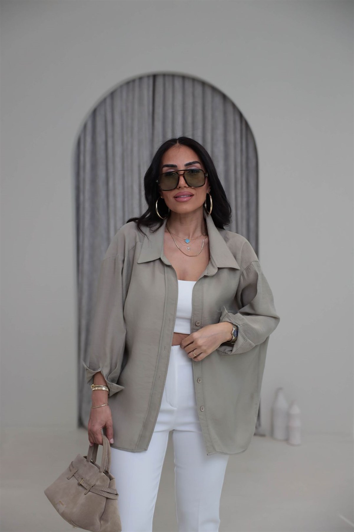 4612Y Tencel Omzu Düşük Oversize Gömlek OLİVE