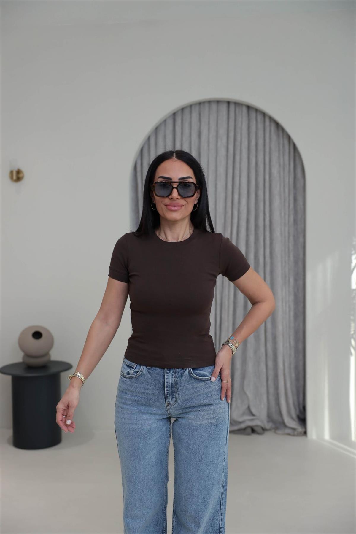 1591 Ribanalı Basic Pamuklu Tshirt KAHVE