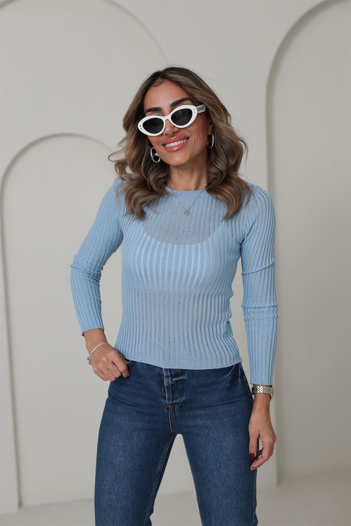 4107 Transparan Detaylı Triko Bluz BEBE MAVİ