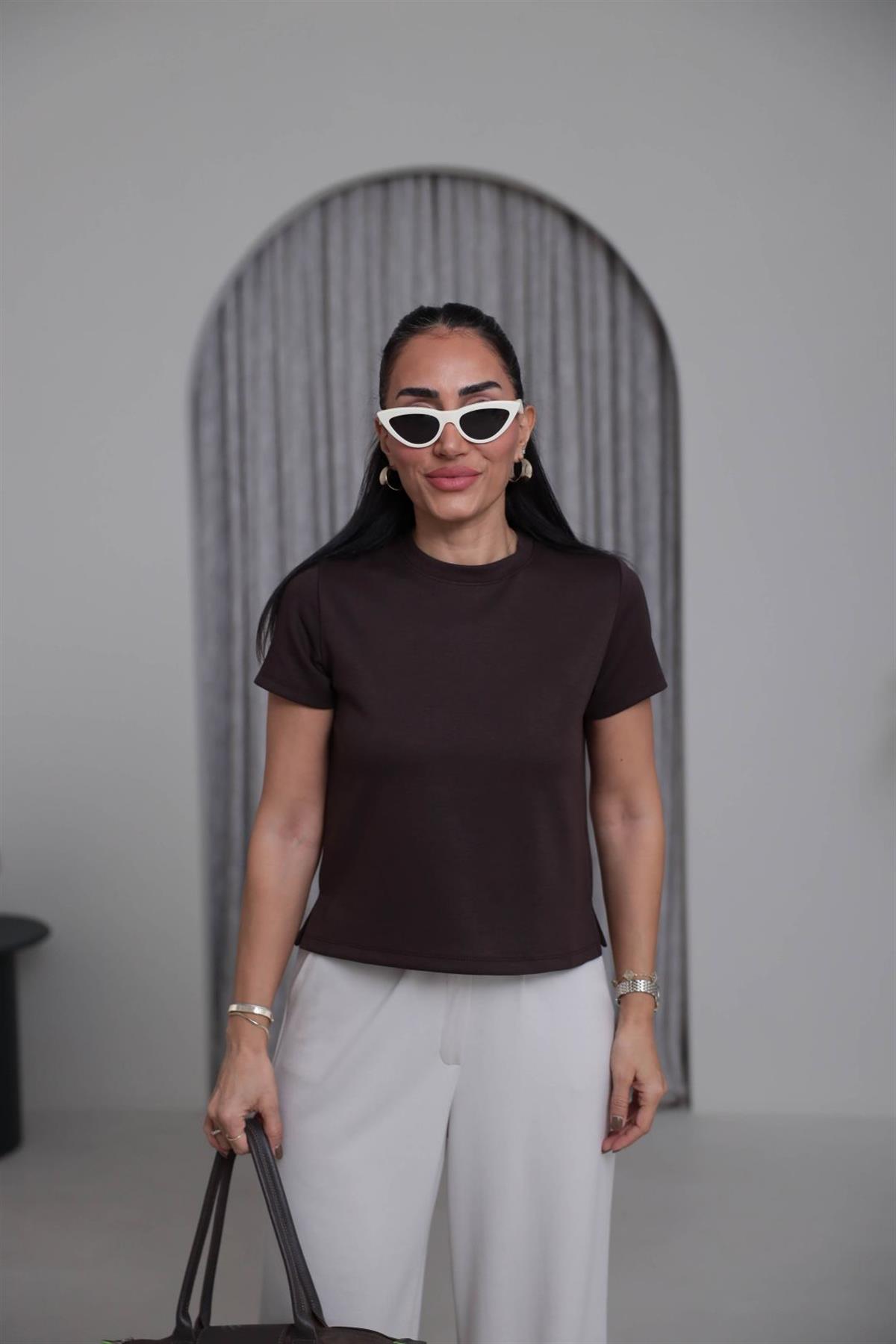 1120 Bisiklet Yaka Kısa Modal Tshirt ACI KAHVE