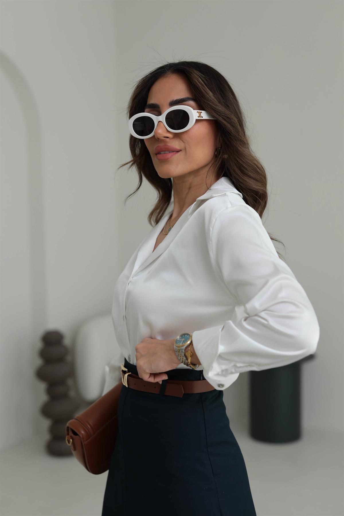 7917 Kolları Manşetli Saten Gömlek EKRU