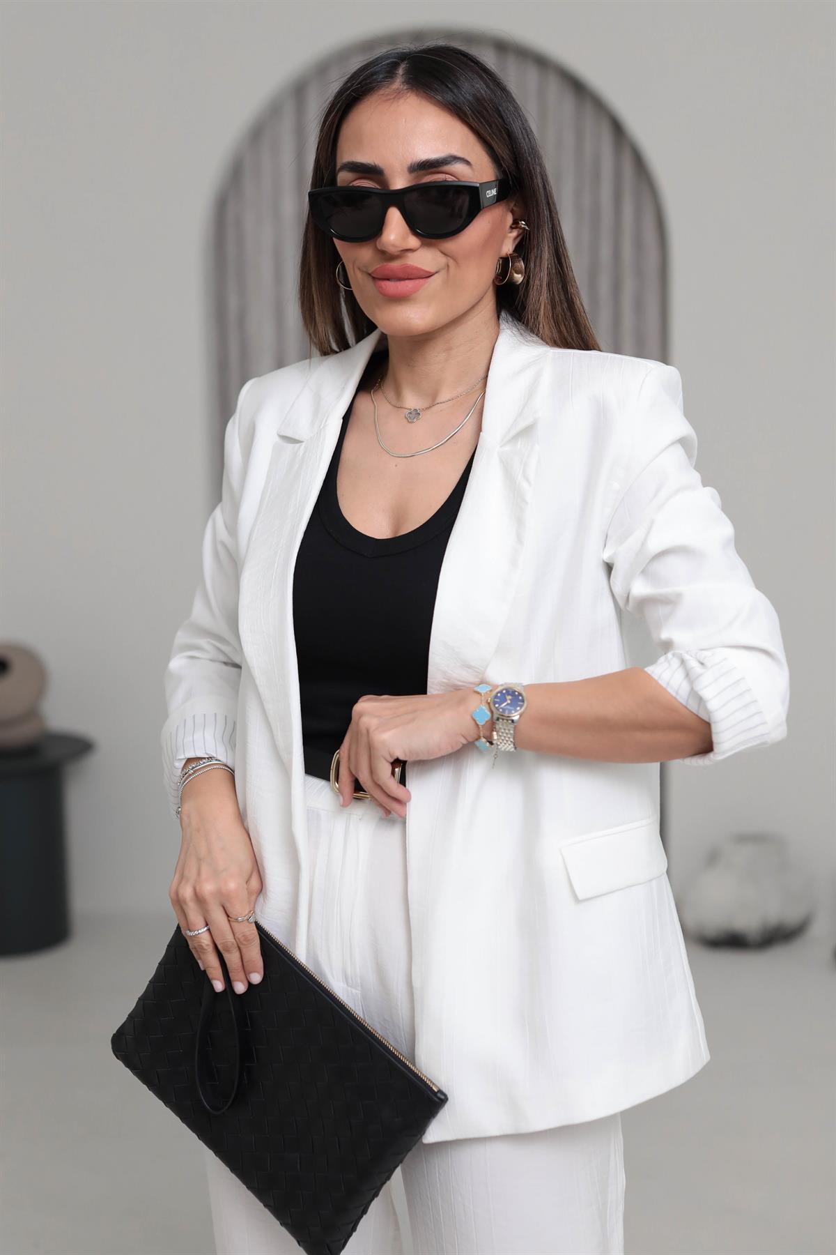 50178 Aeronbin Kol Katlamalı Çizgili Blazer Ceket EKRU