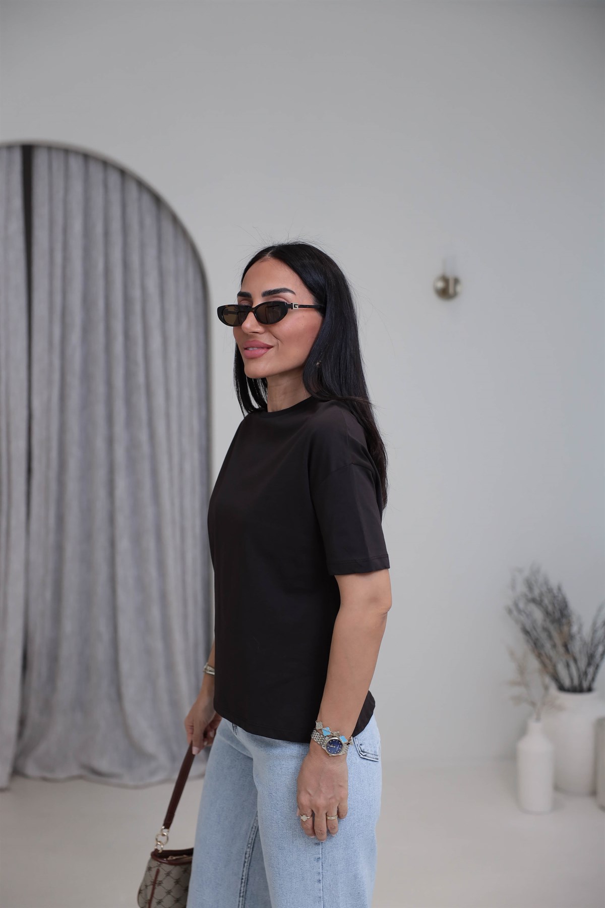 3683Y Bisiklet Yaka Pamuklu Basic Tshirt KOYU KAHVE