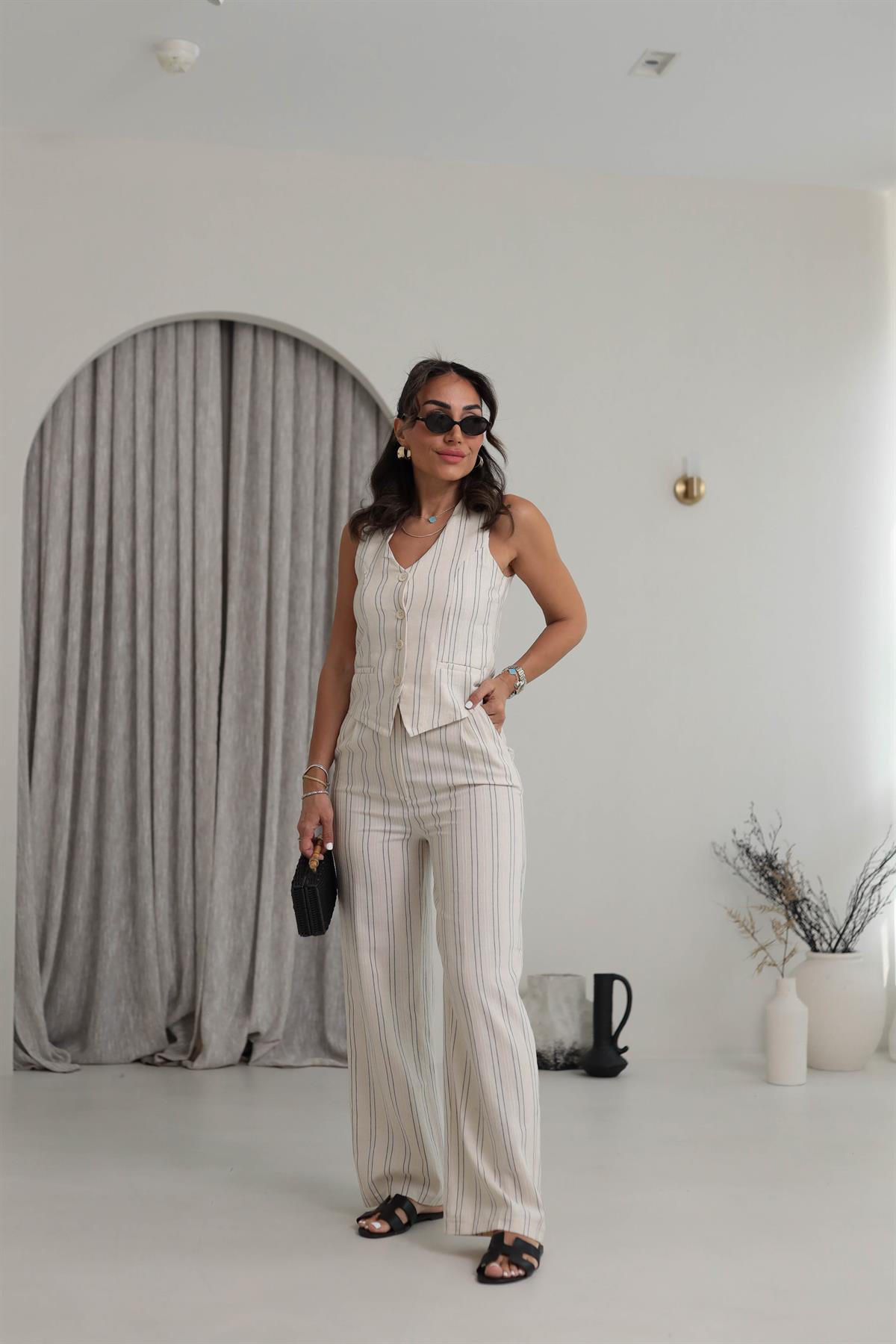 6159 Keten Kumaş Çizgili Yelek Takım NATURAL